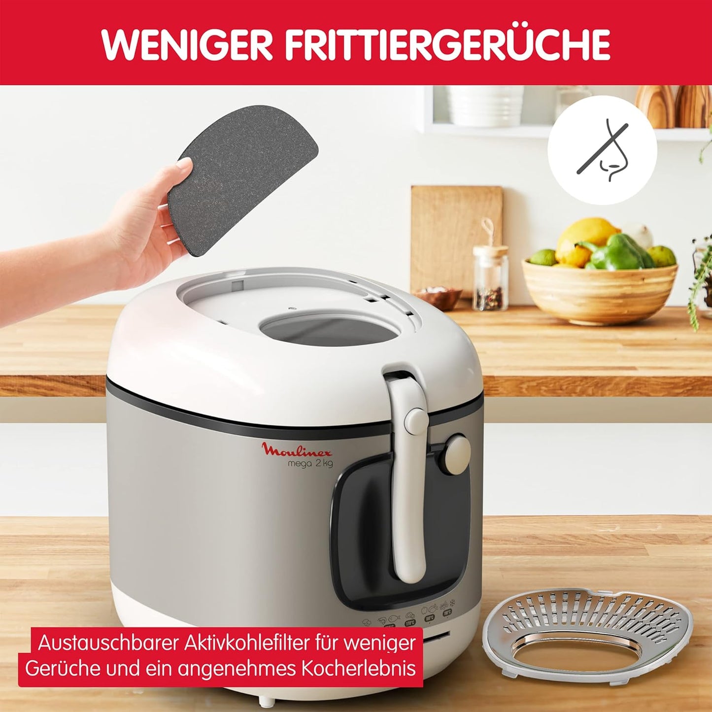 Moulinex Mega 2kg Fritteuse, Fritteuse mit Öl, Anti-Geruchs-Filter, regelbare Temperatur, leichte Reinigung, knusprige Pommes, 1.800 Watt, für bis zu 8 Personen, weiß/silber, AM4800