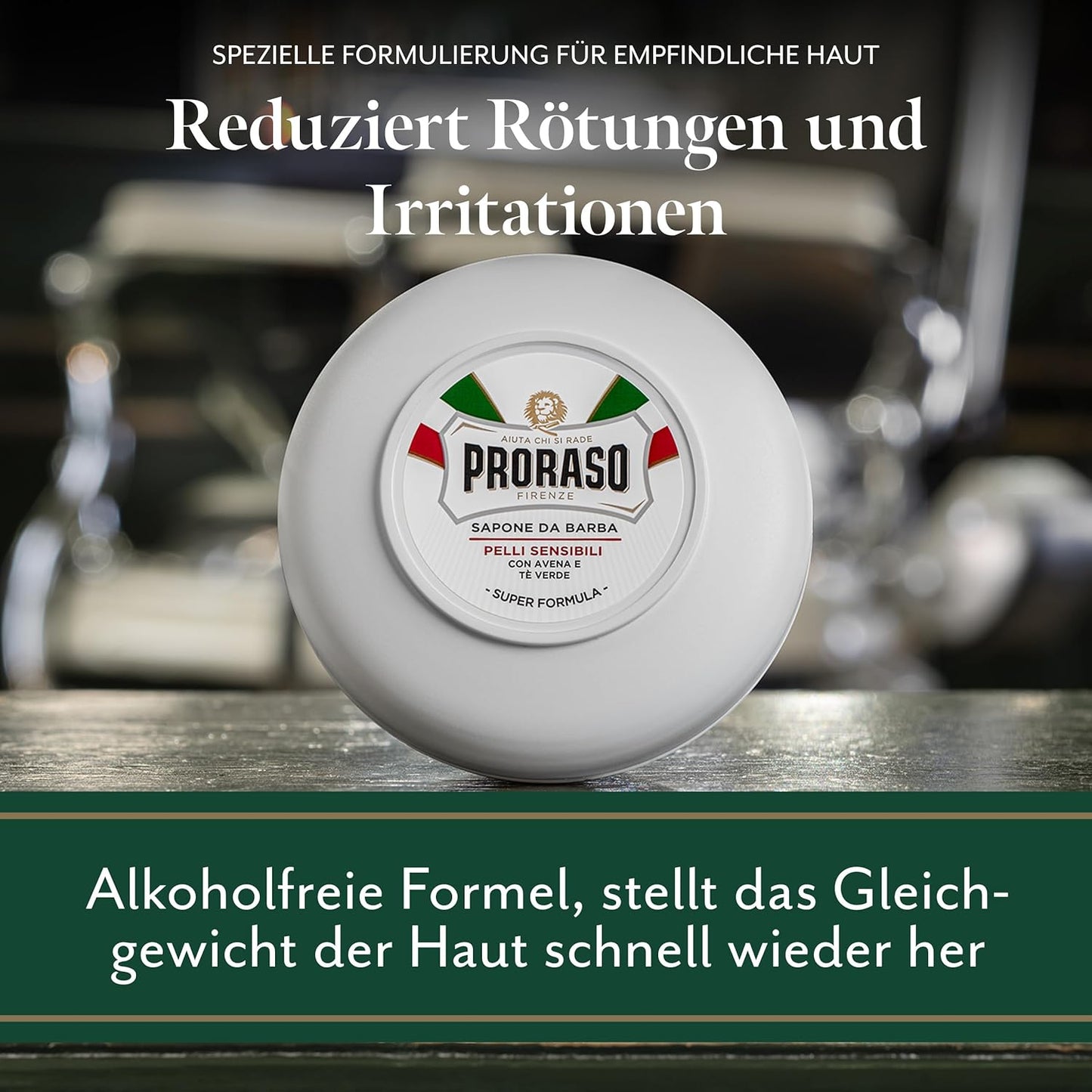 Proraso Shaving Soap inklusive Seifenschale, 150 ml, hautschonende Rasierseife für Herren mit Grünem Tee & Hafer, Rasiercreme für sensible Haut, Made in Italy, Weiss