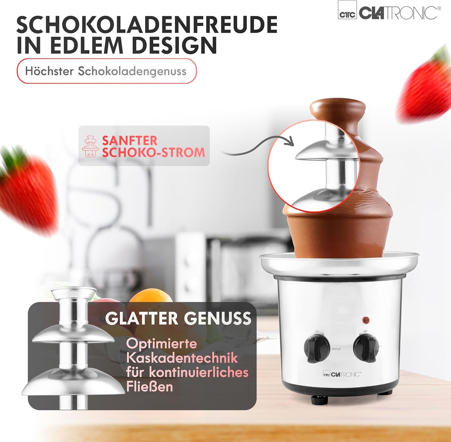 Clatronic® Schokobrunnen mit exzellentem Schokofluss | für Früchte und Gebäck I Schokoladenbrunnen leicht zu reinigen | Schokobrunnen mit Schmelzfunktion I Schokoladenbrunnen klein I SKB 3248