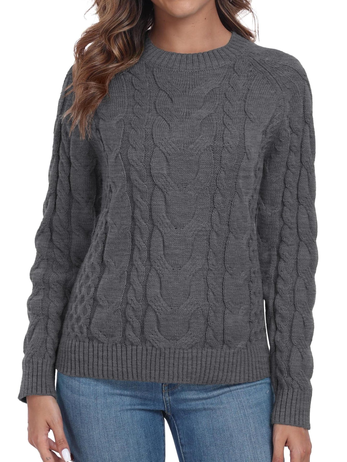 QIXING Women's Cable Knit Sweater – Elegant Long Sleeve Round Neck Winter Pullover