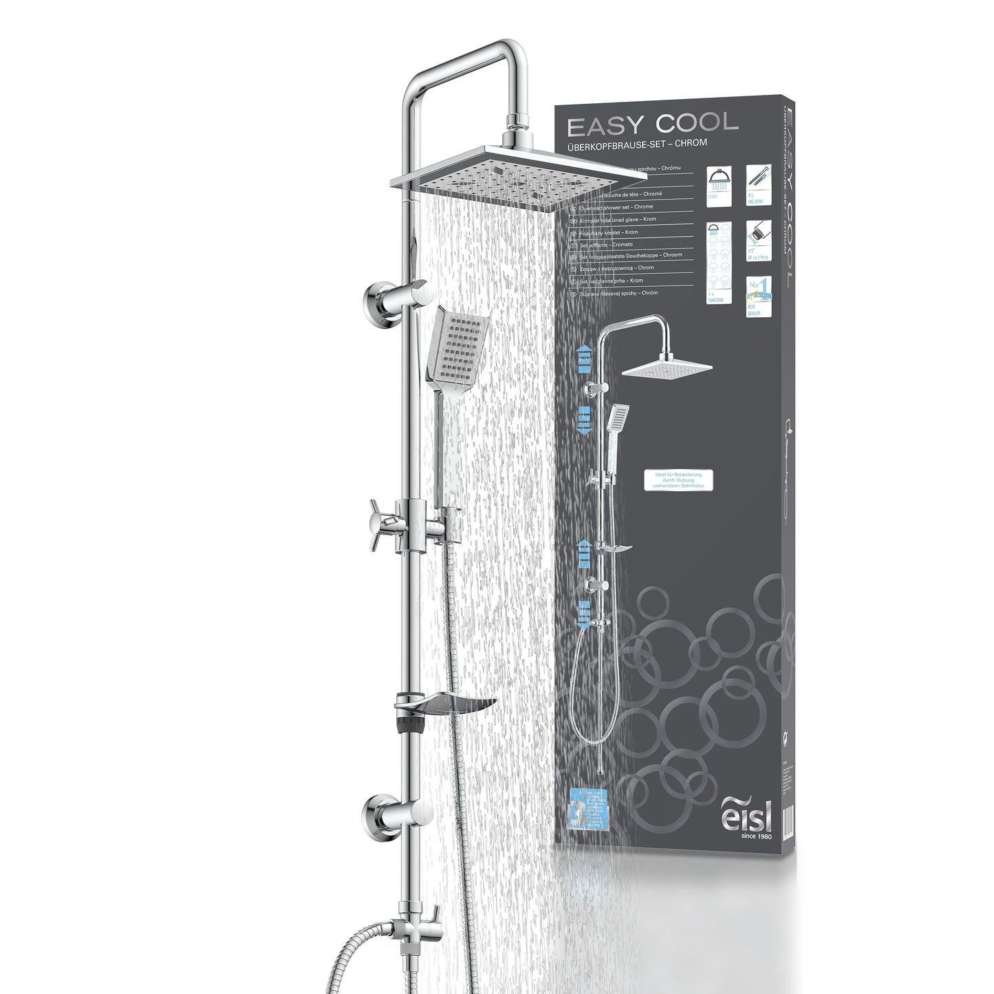 EISL Duschset EASY FRESH, Duschsystem ohne Armatur 2 in 1 mit großer Regendusche (250 x 200 mm) und Handbrause, Regendusche ohne Armatur ideal zum Nachrüsten, komplettes Montageset, Chrom DX12006
