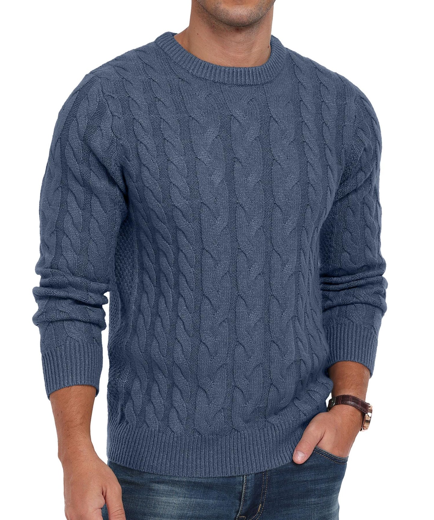QIXING Men’s Cable Knit Sweater – Chunky Crewneck Pullover