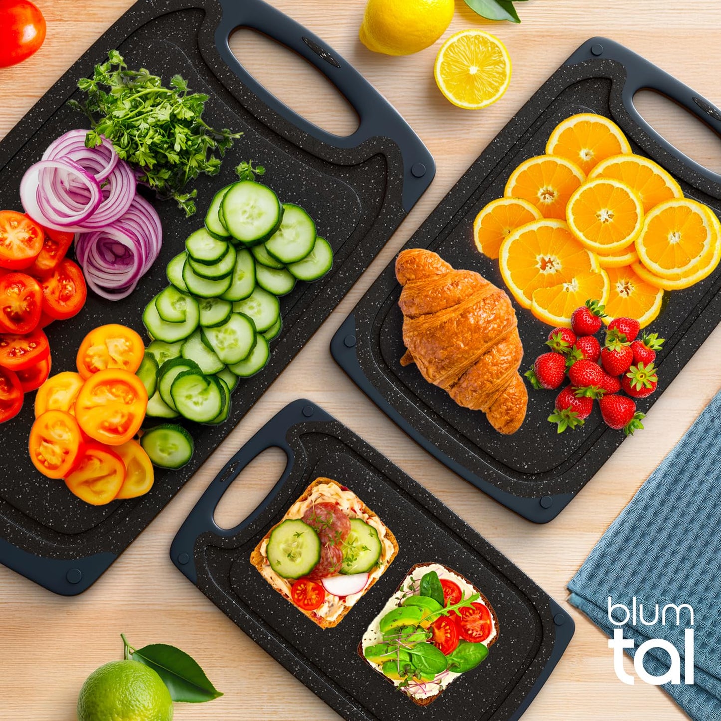 Blumtal Schneidebrett Set mit 3 Größen (S/M/L) - Schneidebrett Kunststoff groß + Saftrillen & Griff - Cutting Board - Küchenbrett BPA frei - Schneidbrett Spülmaschinenfest - Schneidebretter Grau
