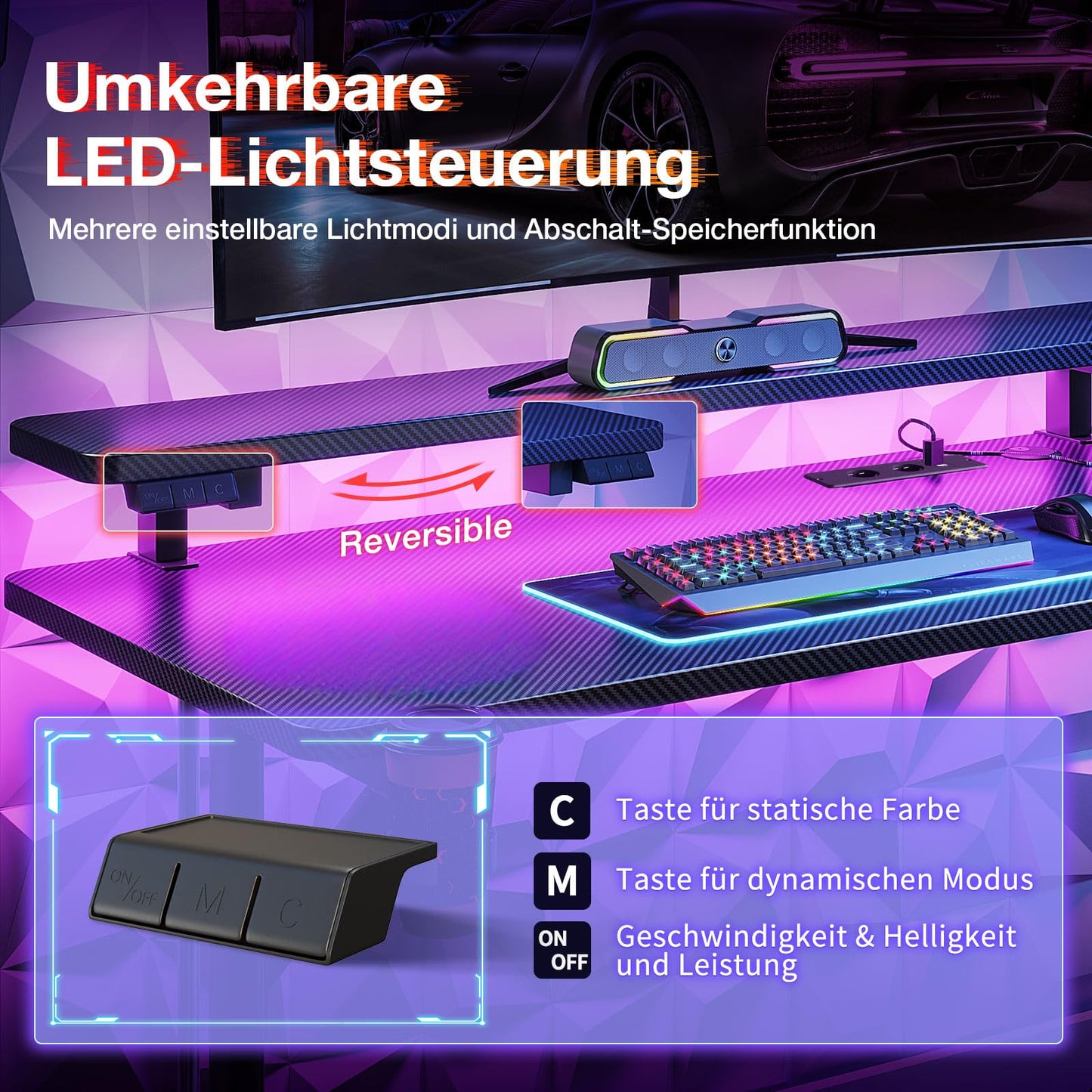 ODK Gaming Tisch, Kleiner Gaming Schreibtisch mit LED Beleuchtung & Steckdosen, Computertisch mit Monitorablage, Carbon Fiber Schwarz PC Gamer Tisch 100cm