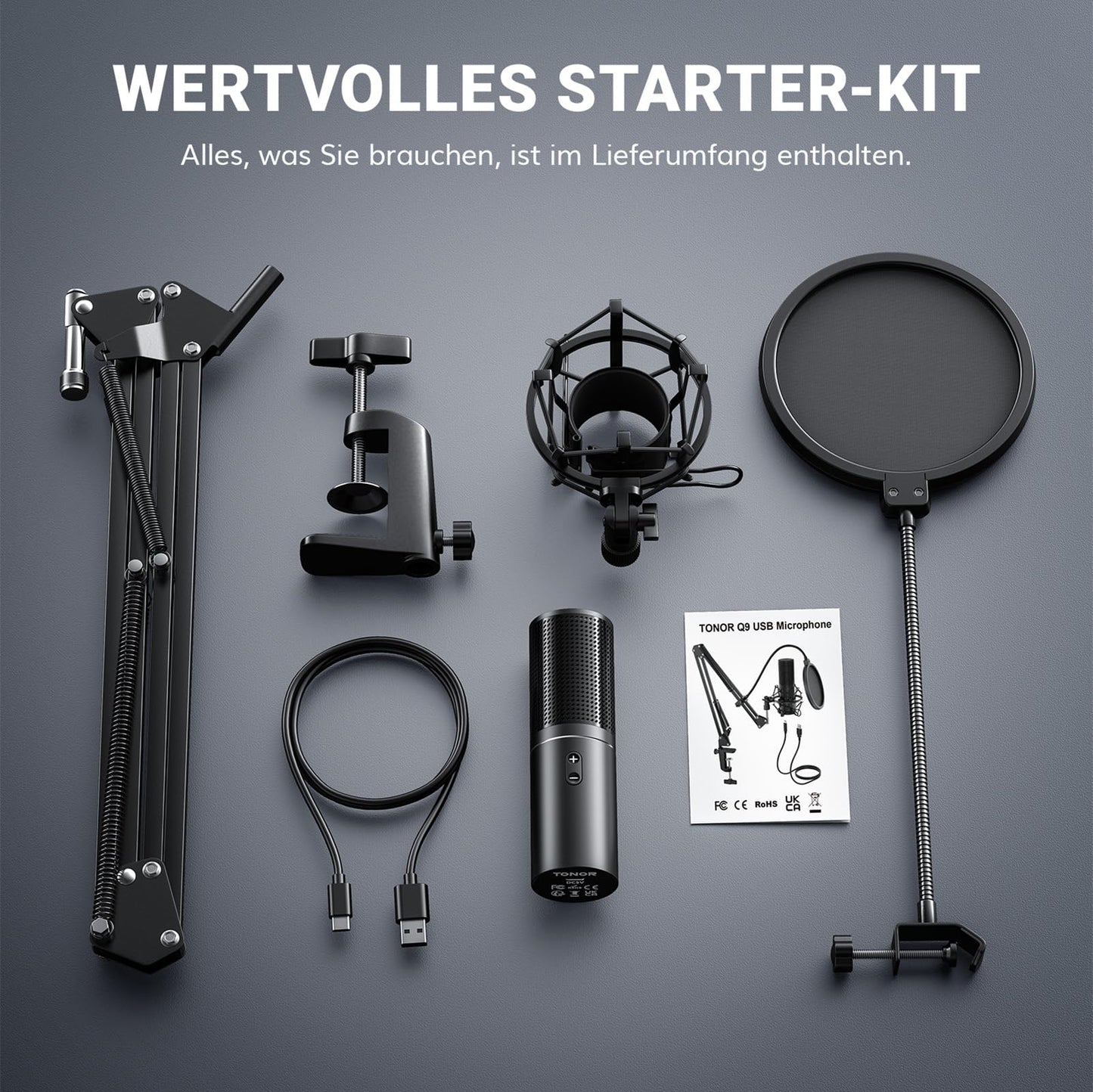 USB Gaming Mikrofon PC, TONOR Podcast Kondensator Microphone Kit Nierencharakteristik mit Arm Ständer Popschutz, Brodcasting Mic Studio Mikro, Mikrophon für Streaming Aufnahme YouTube Twitch PS4/5, Q9
