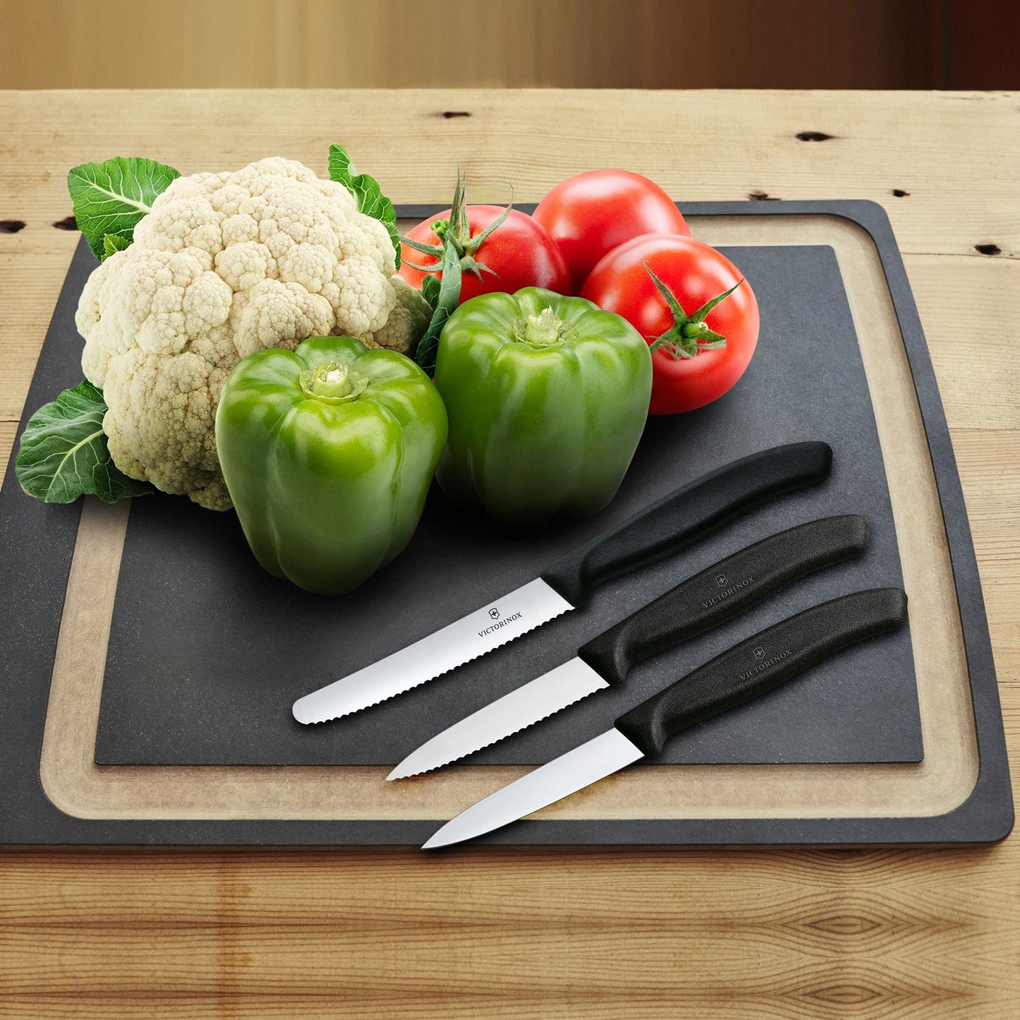 Victorinox Swiss Classic Gemüsemesser-Set, 3-teilig, Obstmesser, Gerader Schliff, Extra Scharf, Robuster Kunststoffgriff, mehrfarbig