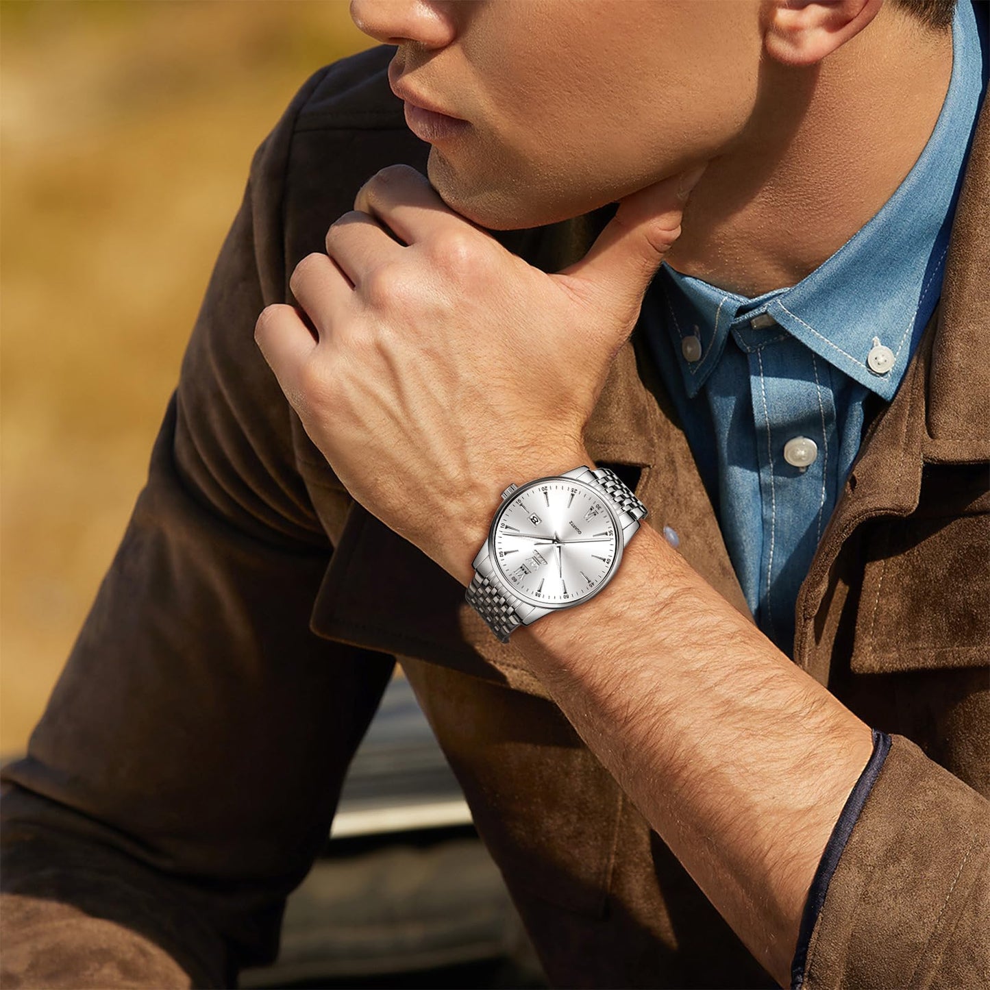 OLEVS Uhren Herren, Analoge Quarz Leucht Armbanduhr, wasserdichte Datum Edelstahl Herrenuhr, Klassische Mode Business Freizeituhren, Elegantes Geschenk für Männer