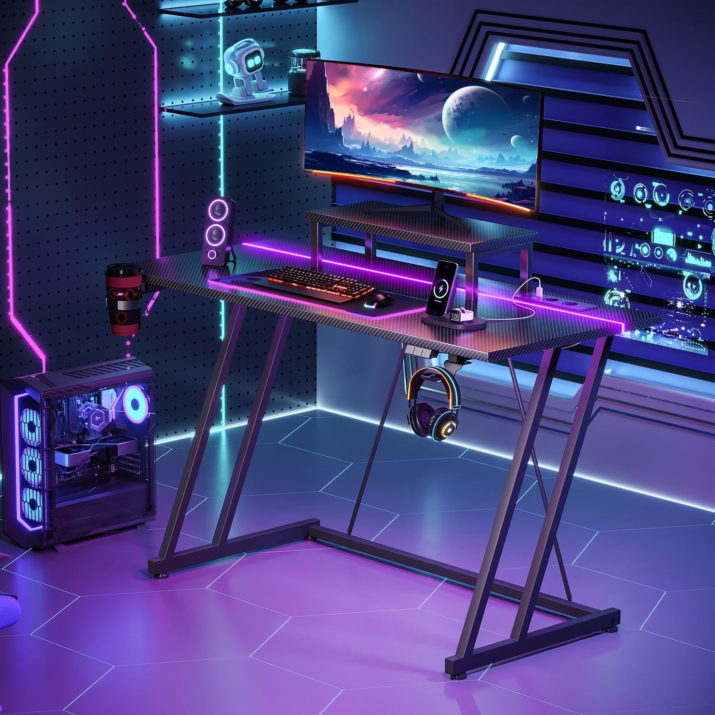 ODK Gaming Tisch mit LED & Steckdose, Gaming Schreibtisch mit Becherhalter und Kopfhörerhaken, Doppel-Z-Rahmen-Design Kleiner Computertisch, Carbon Fiber Schwarz PC Tisch 120 cm