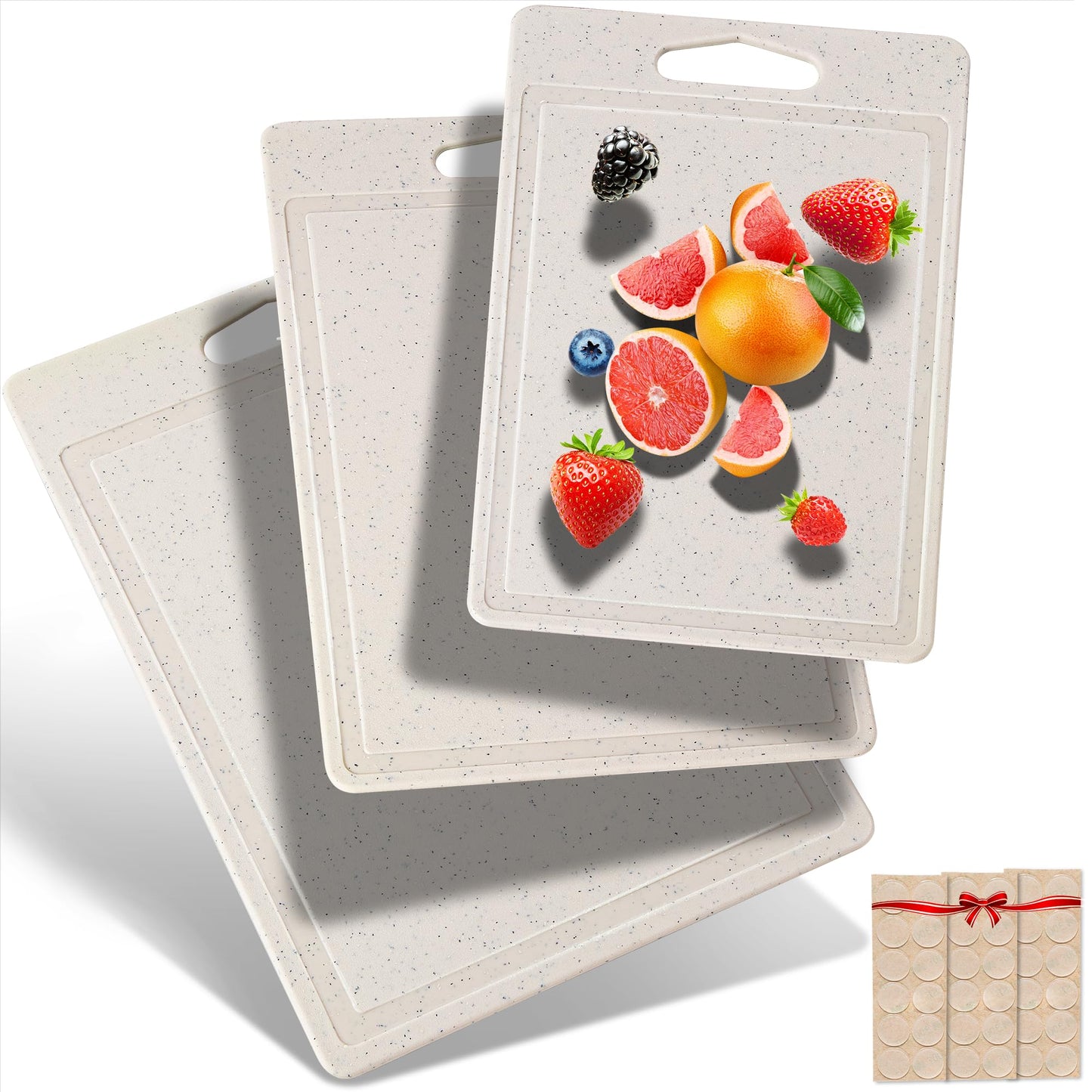 DIFULI Schneidebrett Set 3-teilig Granitoptik, 100% Rutschfeste Aufkleber und Saftkanal, BPA-Free, mit Griff Schneidebretter Kunststoff Antibakteriell, Küchenzubehör, Küchen Gadgets, Küchenhelfer