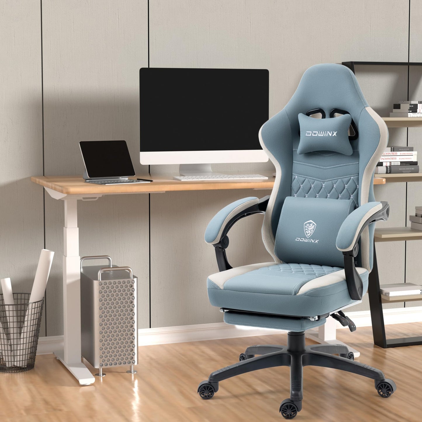 Dowinx Gaming Chair Fabric with Gel Pad, Massage Gaming Chair with Footrest, Ergonomic PC Chair, Gamer Chair with Storage Bag, Office Chair, 150 kg Load Capacity, Grey