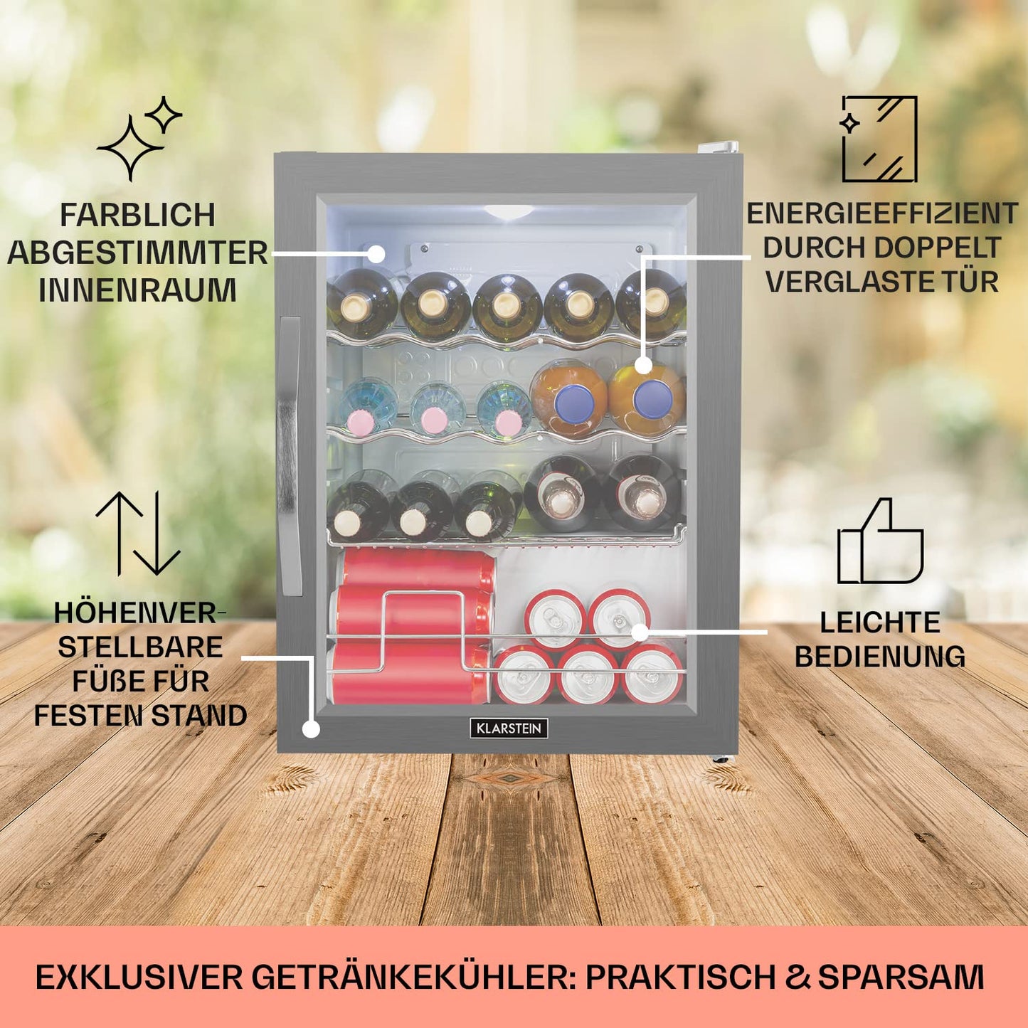 Klarstein Mini Fridge with Glass Door, Mini, for Room, Drinks Fridge Small with Adjustable Shelves, with Waveform Racks, 60 Liter Refrigerator Quiet