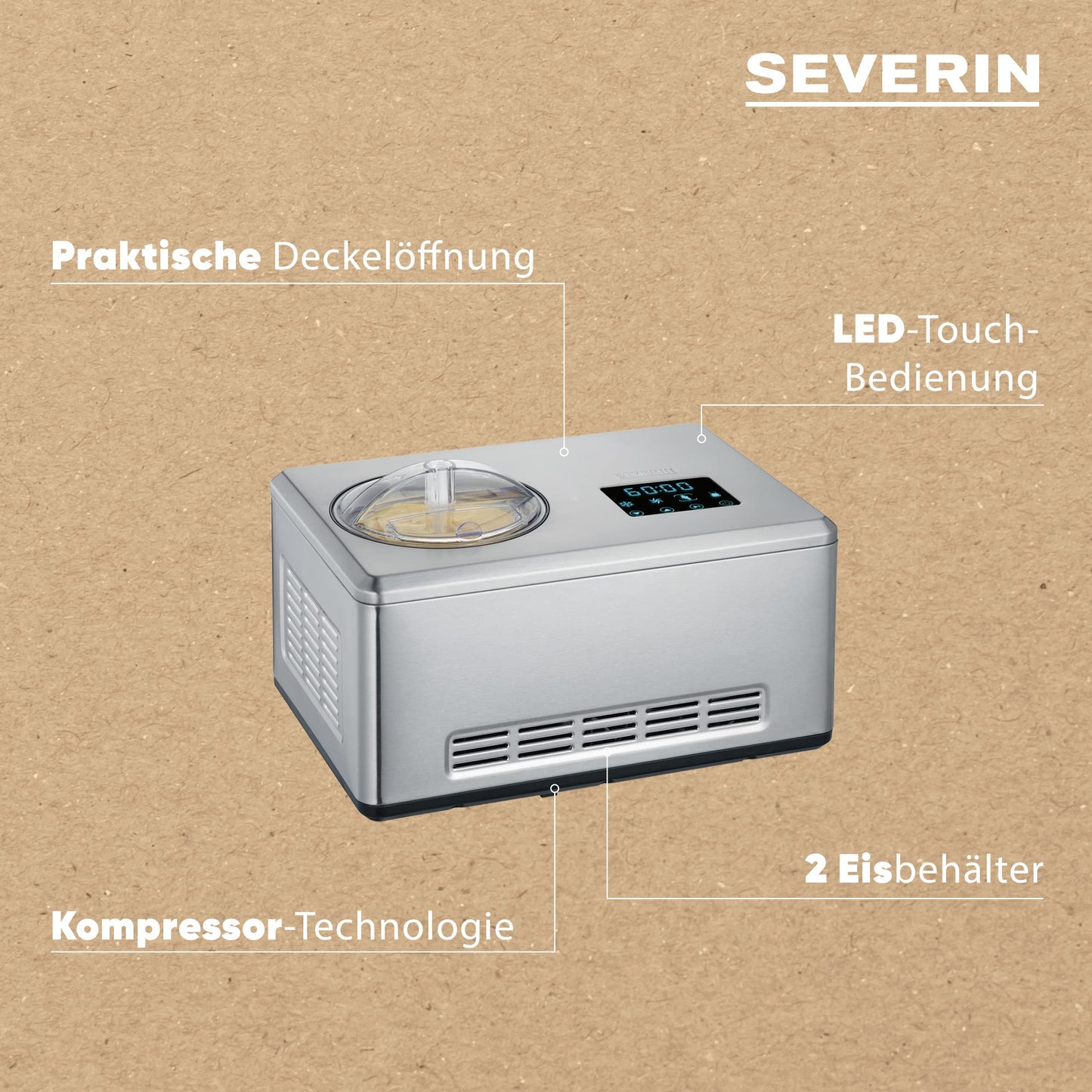 SEVERIN 2-in-1 Eismaschine mit Joghurtfunktion, Eismaschine mit Kompressor für Eis, Sorbet und Frozen Joghurt, Joghurtbereiter mit "warm & cold"-Funktion, Edelstahl-gebürstet, EZ 7405