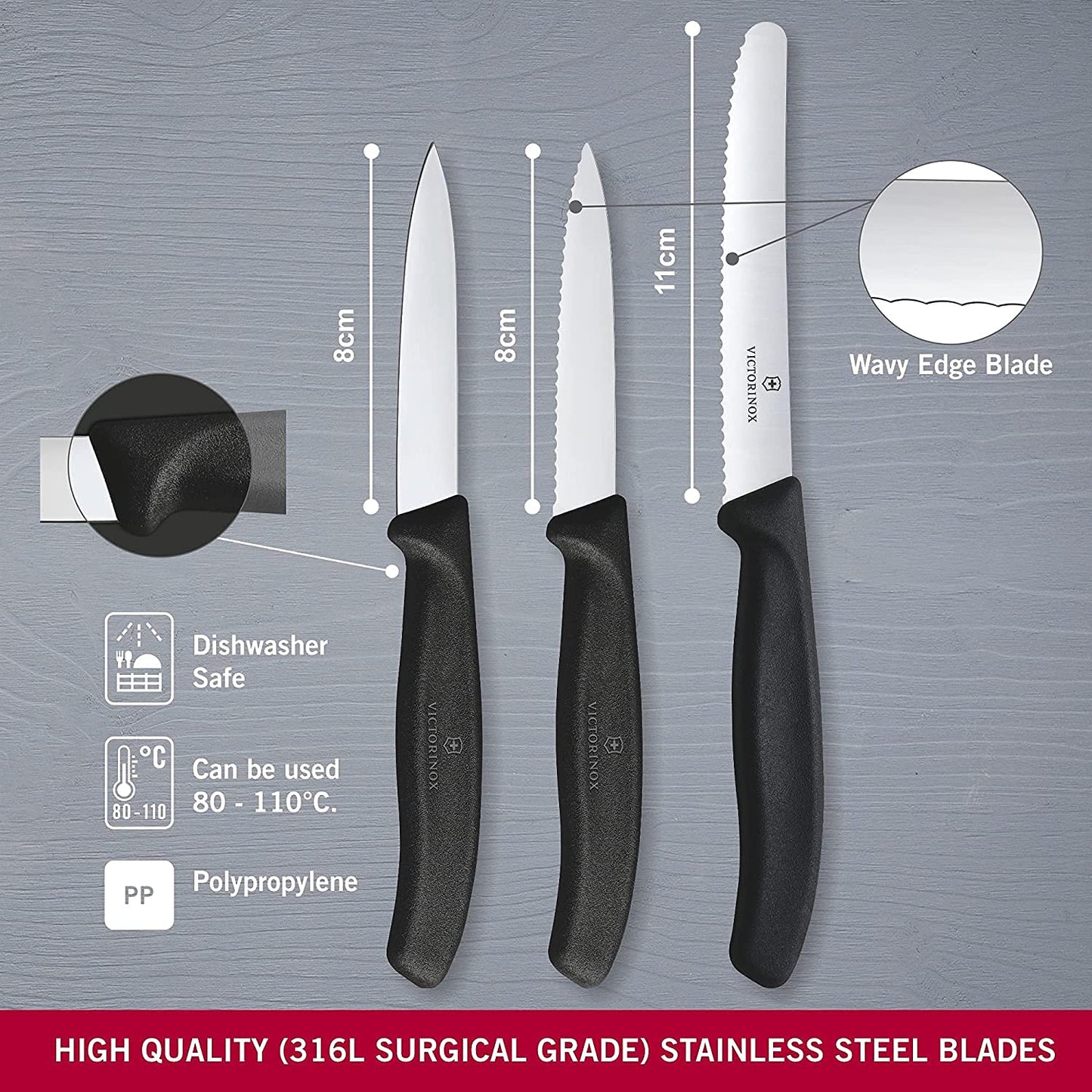 Victorinox Swiss Classic Gemüsemesser-Set, 3-teilig, Obstmesser, Gerader Schliff, Extra Scharf, Robuster Kunststoffgriff, mehrfarbig