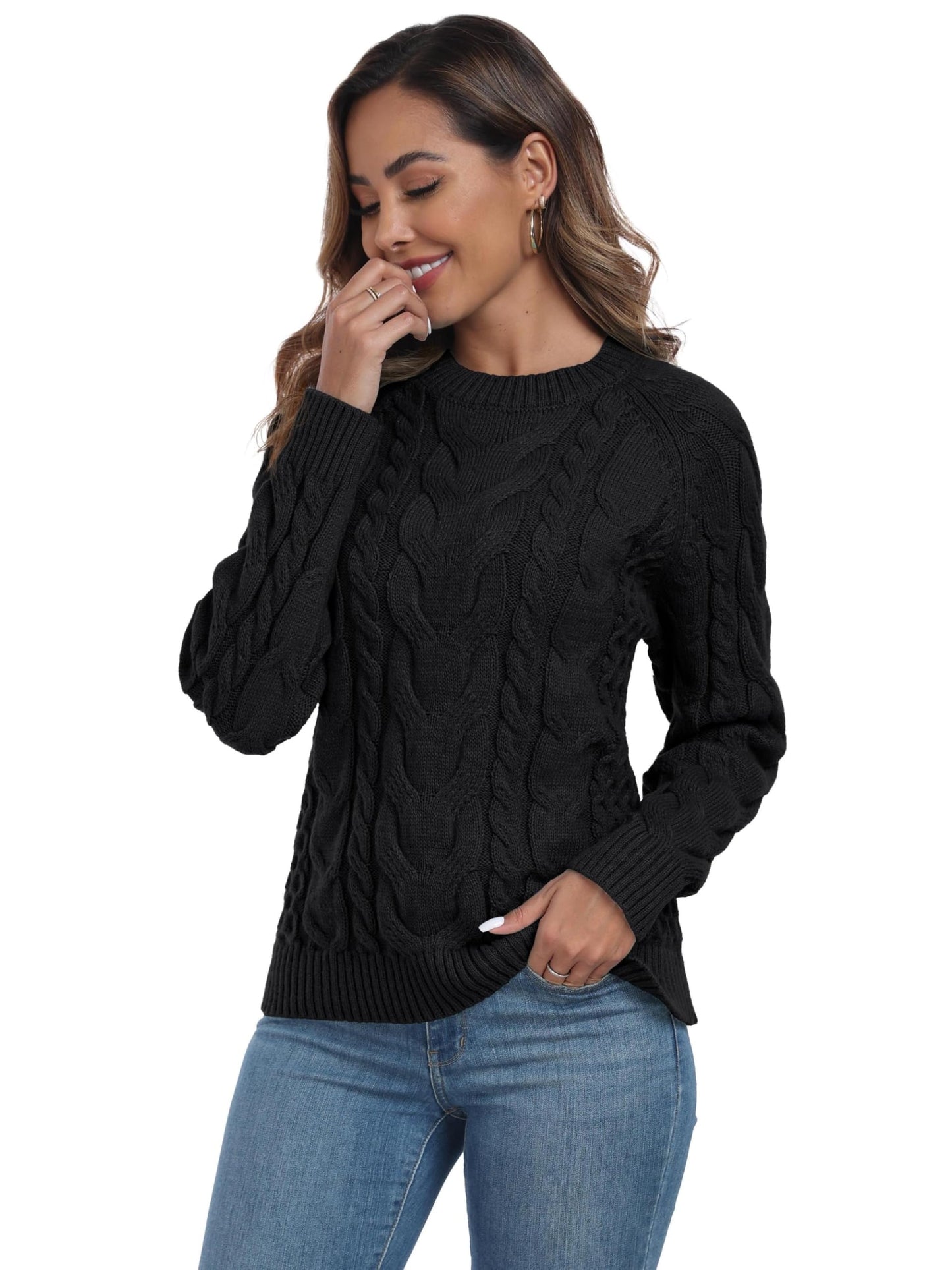 QIXING Women's Cable Knit Sweater – Elegant Long Sleeve Round Neck Winter Pullover