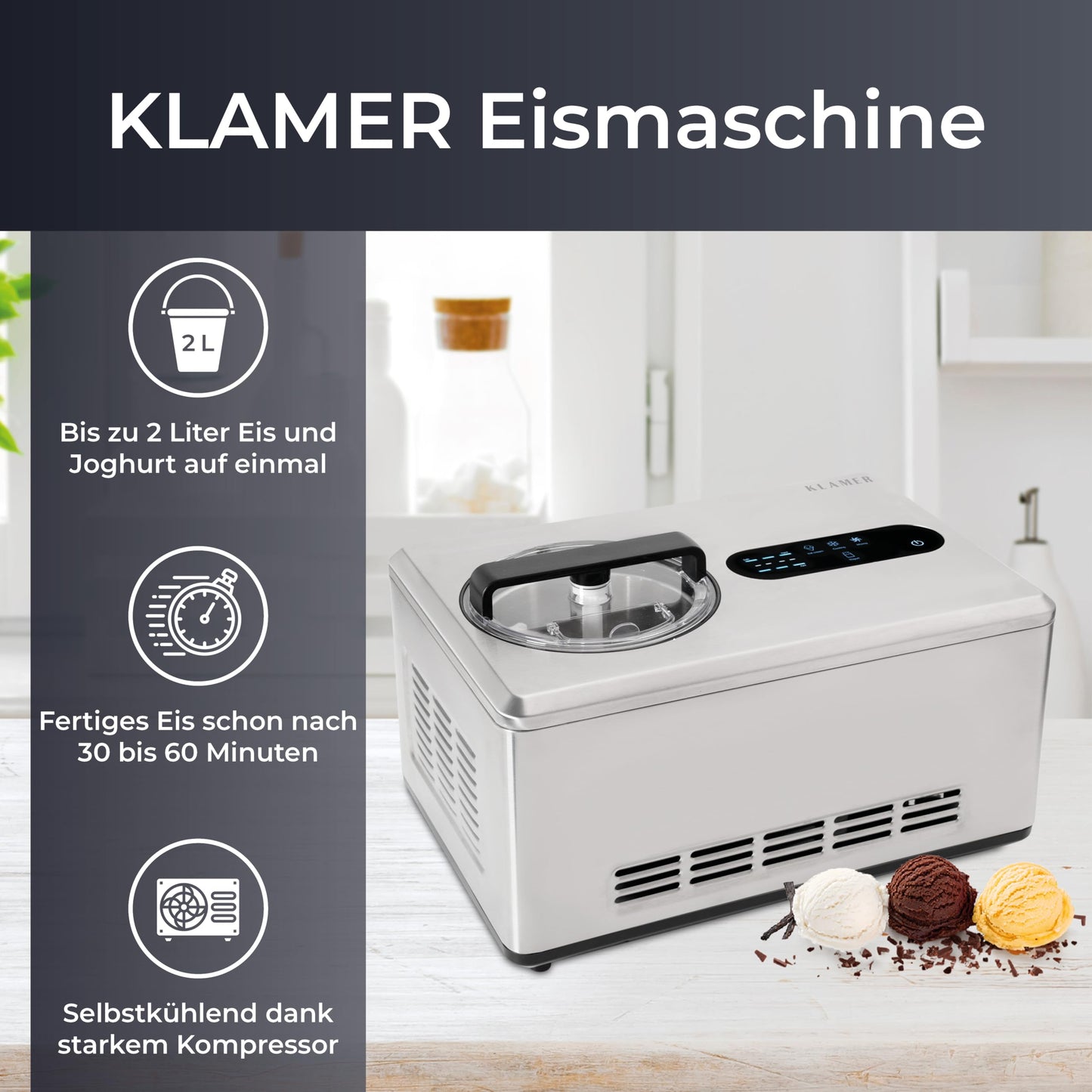 KLAMER 2-in-1 Ice Cream Maker & Yoghurt Maker 2 L, 180 W Stainless Steel Ice Cream Machine with Cooling and Heating Function, Homemade Ice Cream with Self-Cooling Compressor