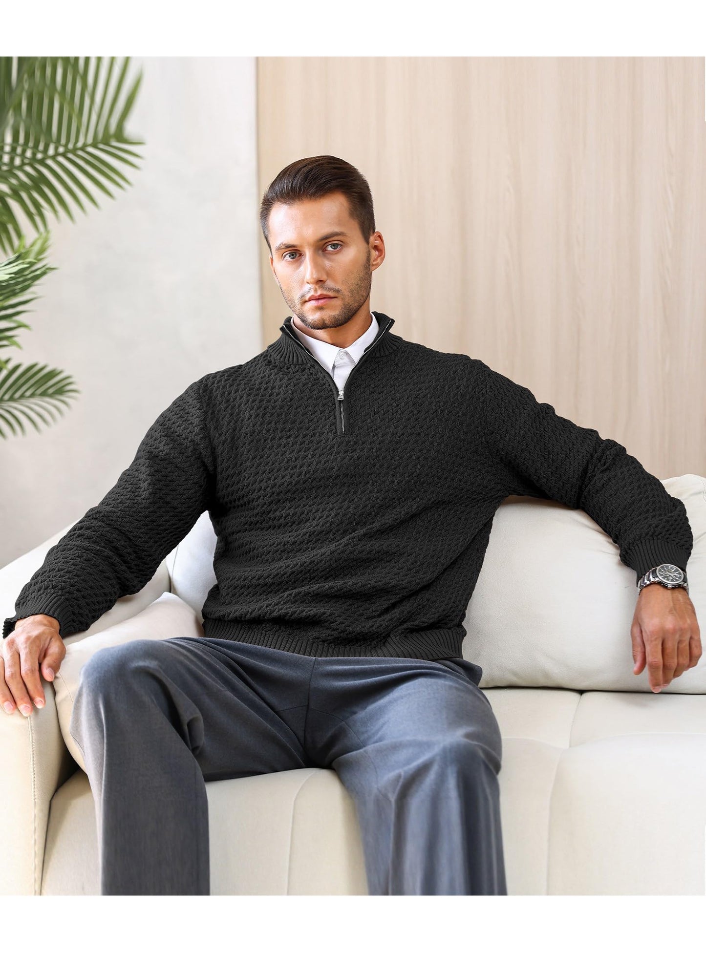HYPESTFIT Men’s 1/4 Zip Turtleneck Sweater – Warm Knit Pullover
