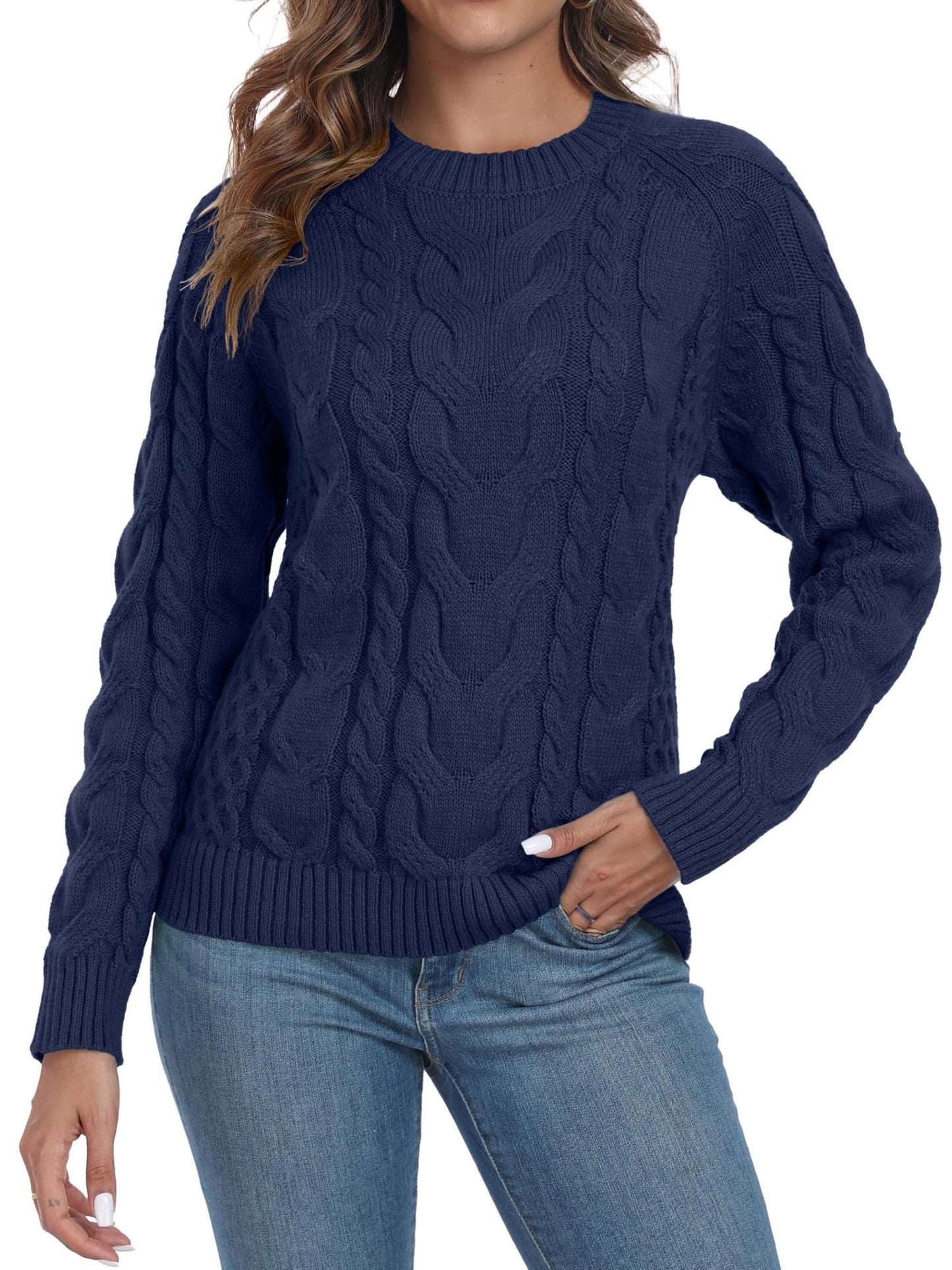 QIXING Women's Cable Knit Sweater – Elegant Long Sleeve Round Neck Winter Pullover