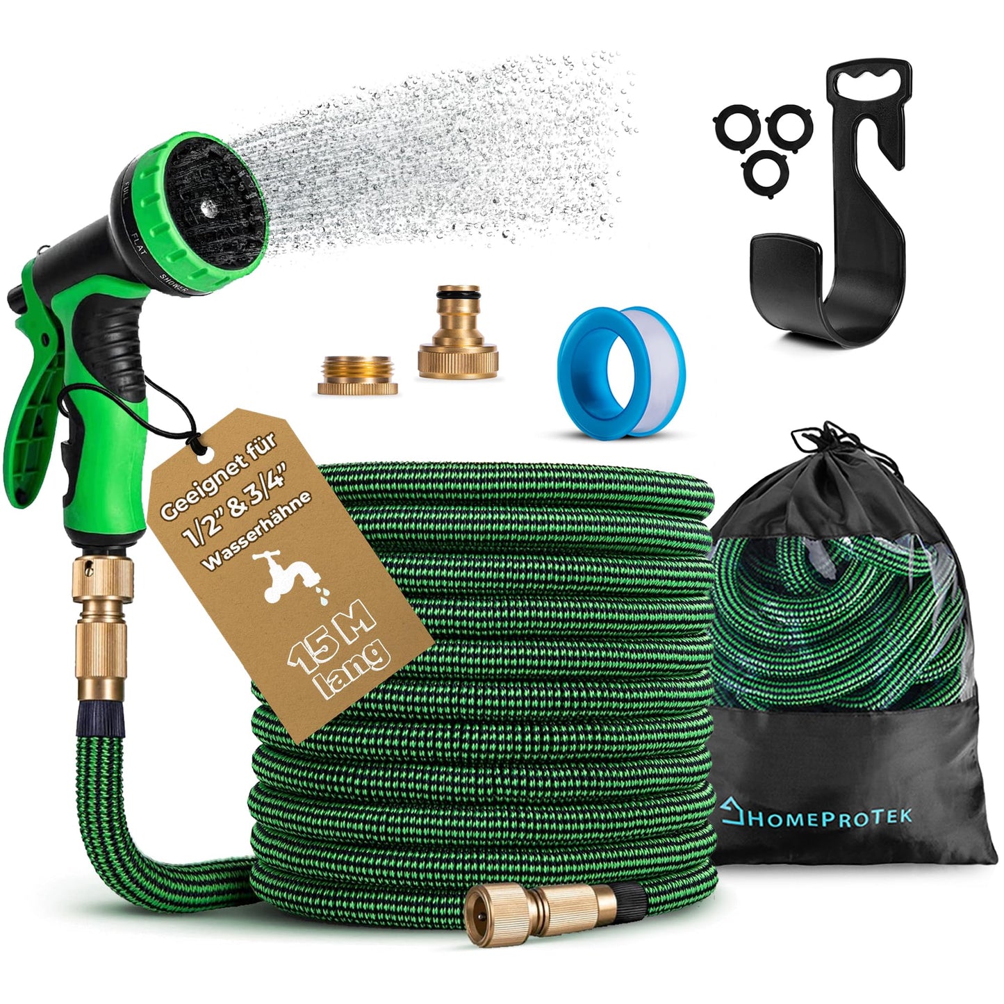 HOMEPROTEK Gartenschlauch Flexibel 15m Bewässerungsschlauch, Flexibler Wasserschlauch, Dehnbarer Flexschlauc mit 1/2 zoll und 3/4 zoll Messingverschraubungen, 3-Fach Latex Balkonschlauch, Garden Hose