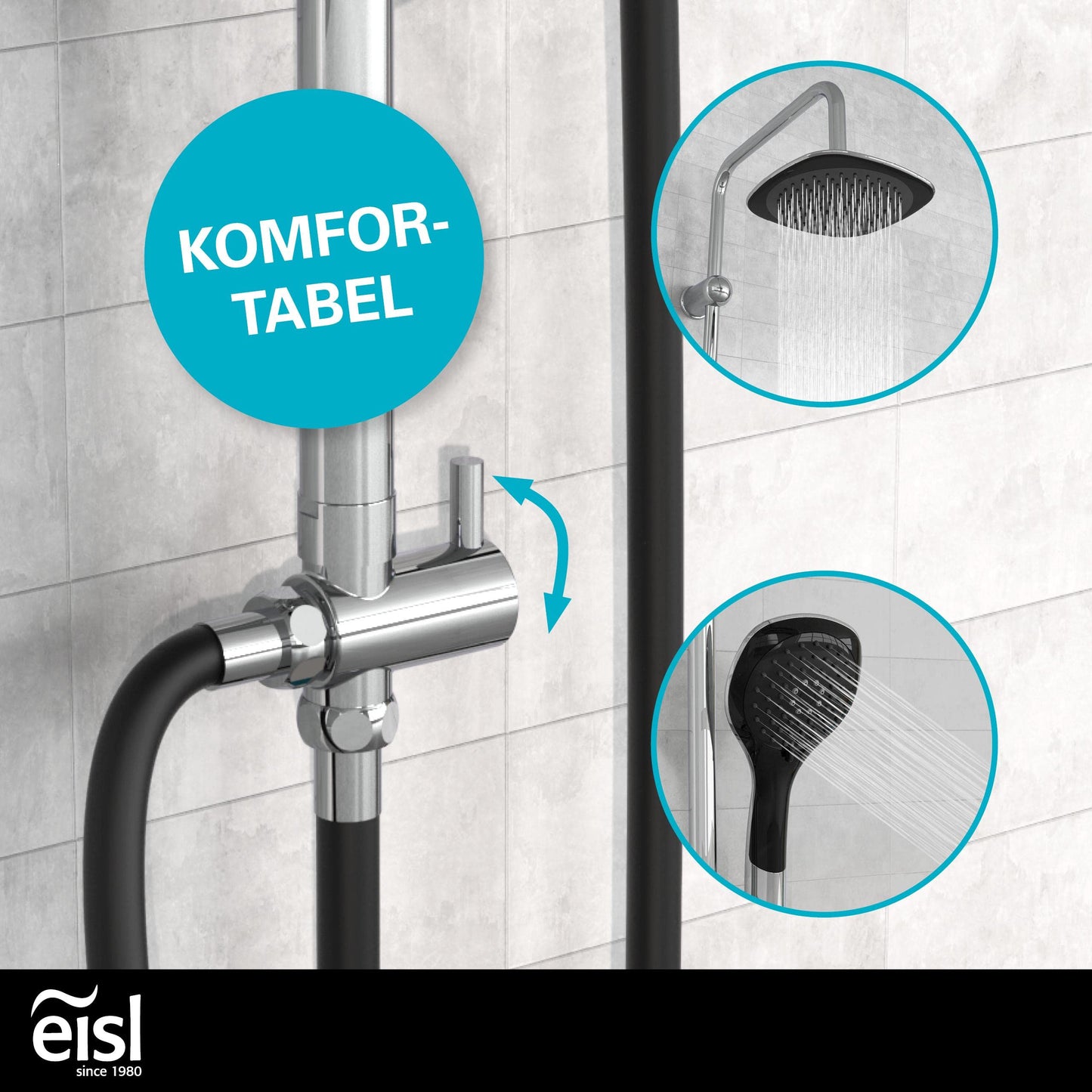 EISL Duschset EASY FRESH, Duschsystem ohne Armatur 2 in 1 mit großer Regendusche (250 x 200 mm) und Handbrause, Regendusche ohne Armatur ideal zum Nachrüsten, komplettes Montageset, Chrom DX12006