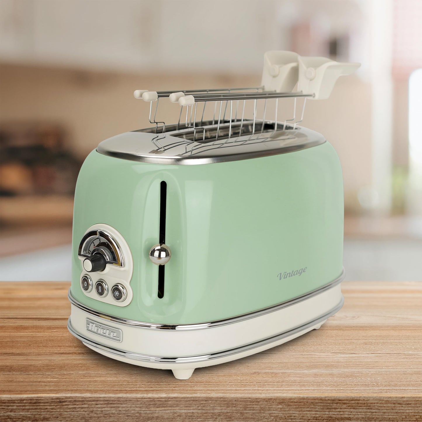 Ariete Vintage 155, 2-Scheiben-Toaster, Retro Toaster mit 6 Toaststufen, Automatischer Auswurf, Auftaufunktion, Herausnehmbares Krümelfach, Gehäuse aus Edelstahl, mit Sandwichzangen, 810W, Vert