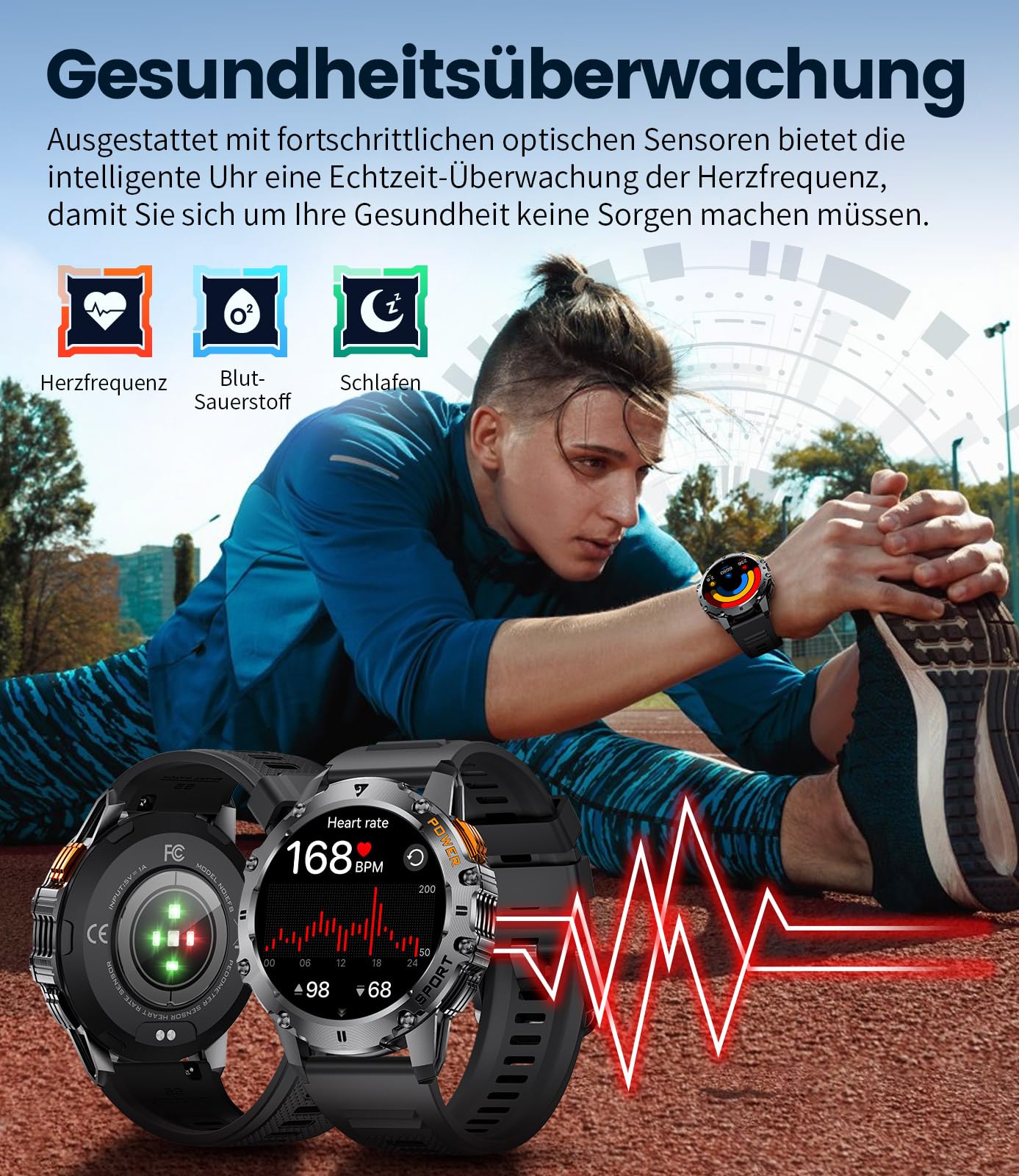 LIGE Smartwatch Herren Militär,Taschenlampe/1.43" AMOLED Sportuhr mit 500 mAh Akku/Telefonfunktion, 110+Sportmodi, IP68 Wasserdicht Smartwatch mit Herzfrequenz/Schlafmonitor für Android iOS,Schwarz