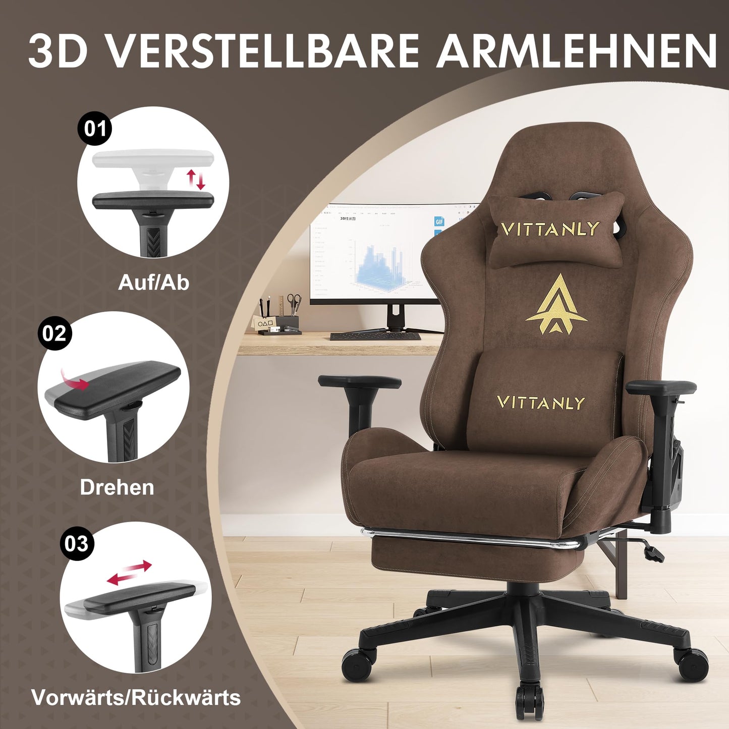 Vittanly Gaming Chair, Luxurious Breathable Imitation Suede Office Chair Gaming Chair, Ergonomic Gamer Chair with Footrest Headrest and Lumbar Cushion, 3D Armrests, 90-155° Backrest, Gray