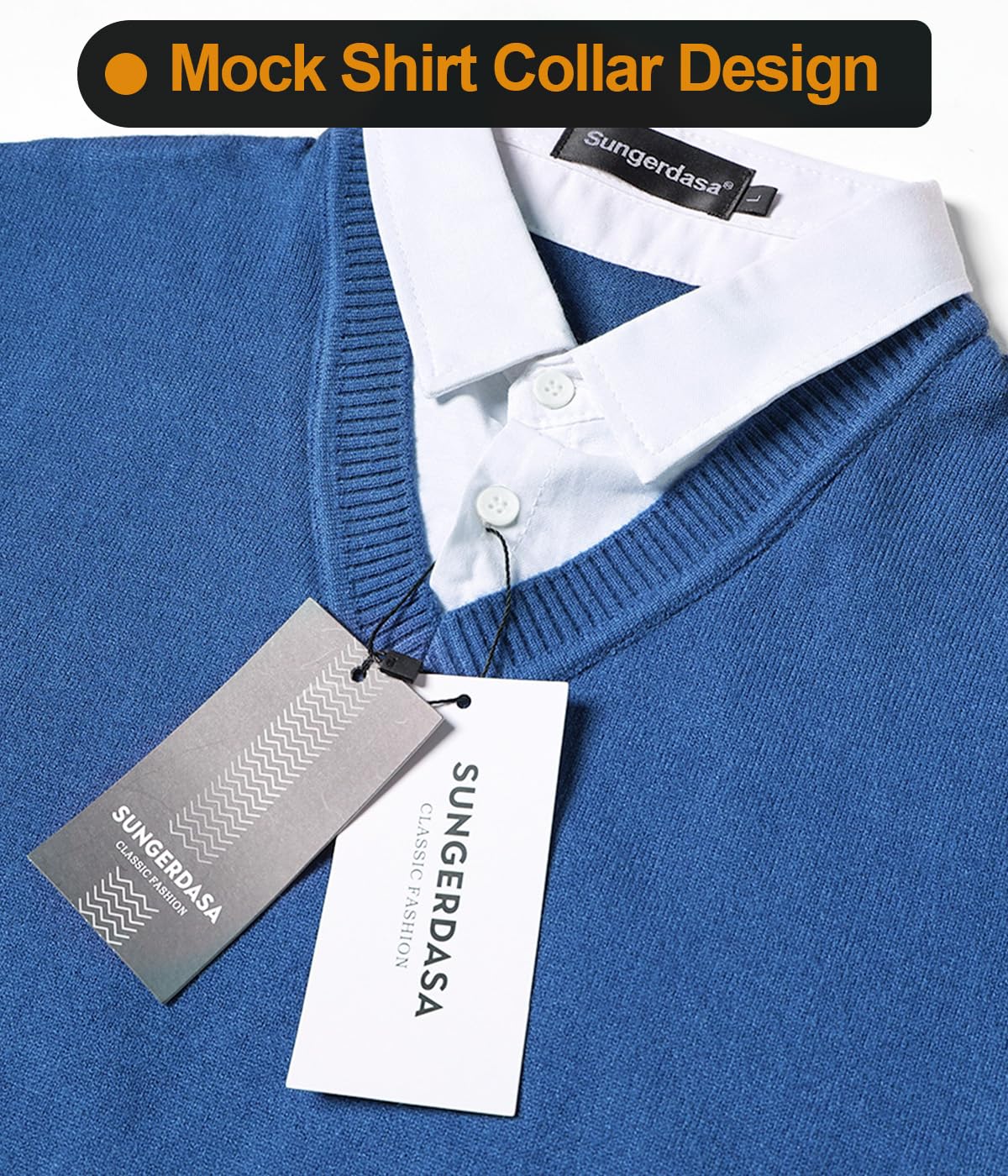 Sungerdasa Men’s 2-in-1 Mock Shirt Collar Sweater – Fine Knit Pullover