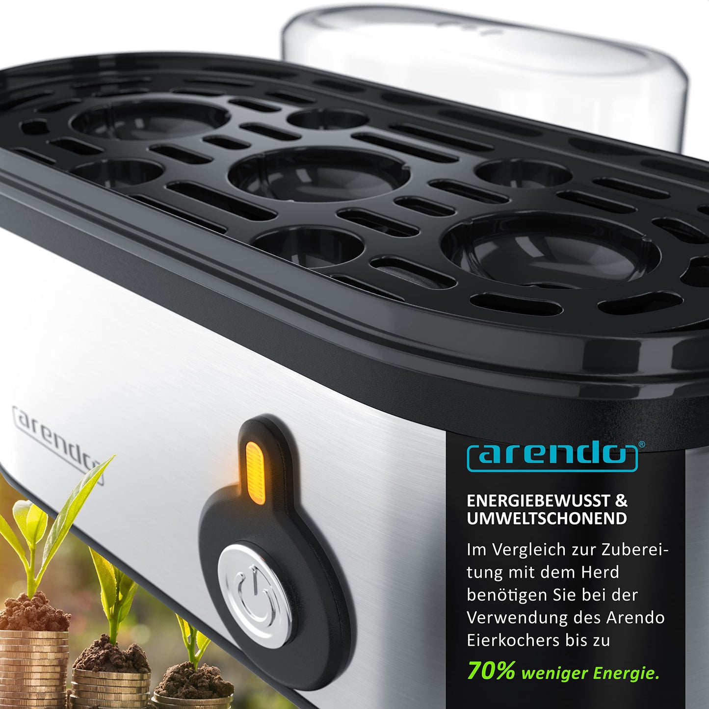 Arendo - Edelstahl Eierkocher Threecook - Egg Cooker - EIN AUS-Schalter - Wählbarer Härtegrad - 210 W - 1-3 Eier - GS - BPA-frei
