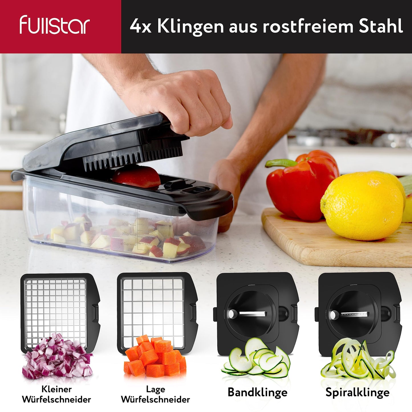 Gemüseschneider Spiralschneider Gemüsehobel - Gemüse Schneider Zwiebelschneider Kartoffelschneider Obstschneider - Vegetable Chopper Cutter Dicer (4-in-1 - Weiß)