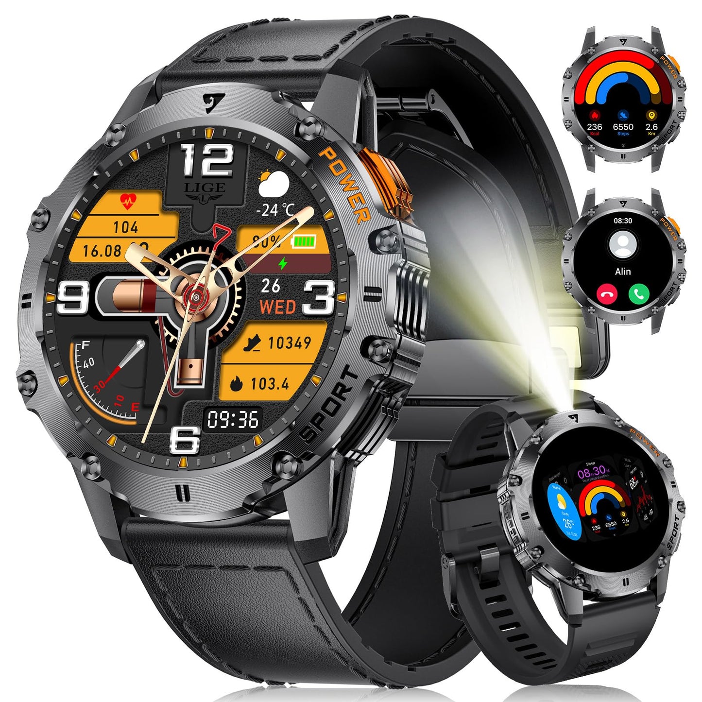 LIGE Smartwatch Herren Militär,Taschenlampe/1.43" AMOLED Sportuhr mit 500 mAh Akku/Telefonfunktion, 110+Sportmodi, IP68 Wasserdicht Smartwatch mit Herzfrequenz/Schlafmonitor für Android iOS,Schwarz