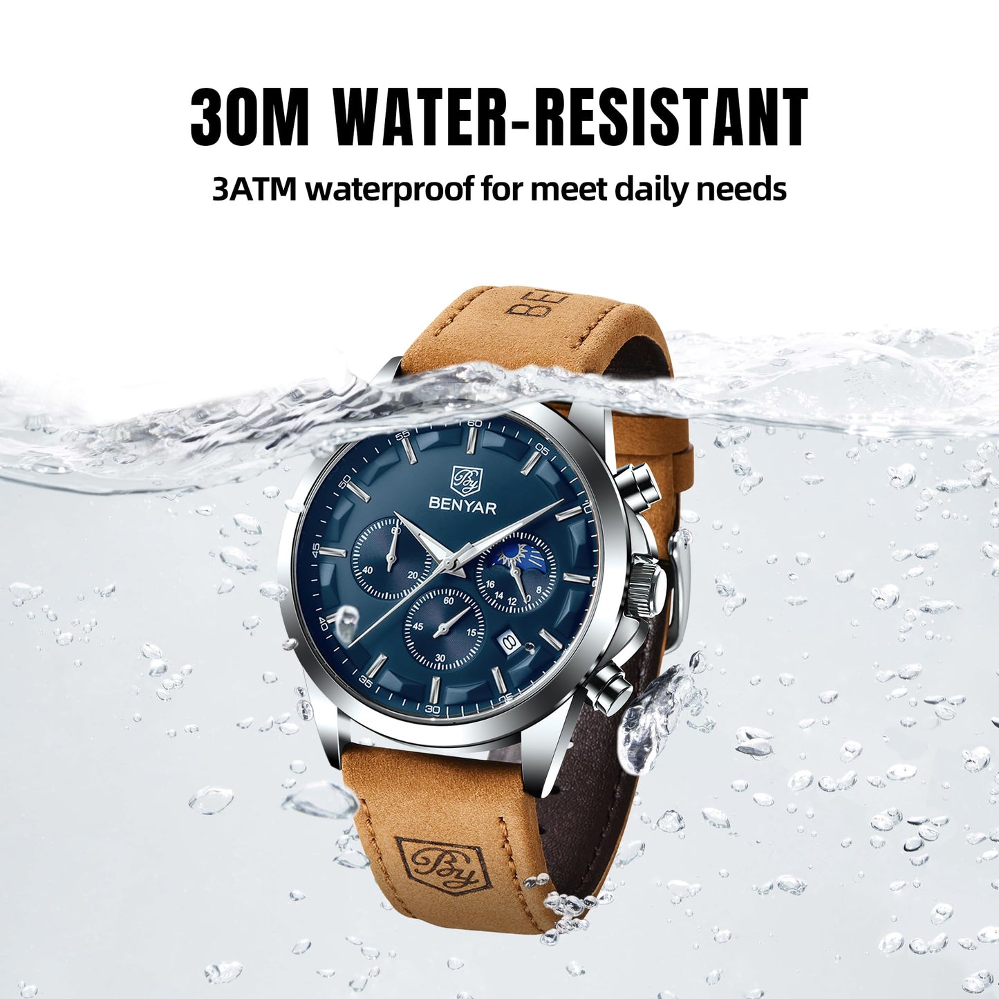 BY BENYAR Uhren Herren Chronograph Analog Quarz Wasserdicht Armbanduhr Herren Mode Lässig Business Herrenuhr mit Kalender Lederarmband/Edelstahlarmband Uhr Geschenk für Männer