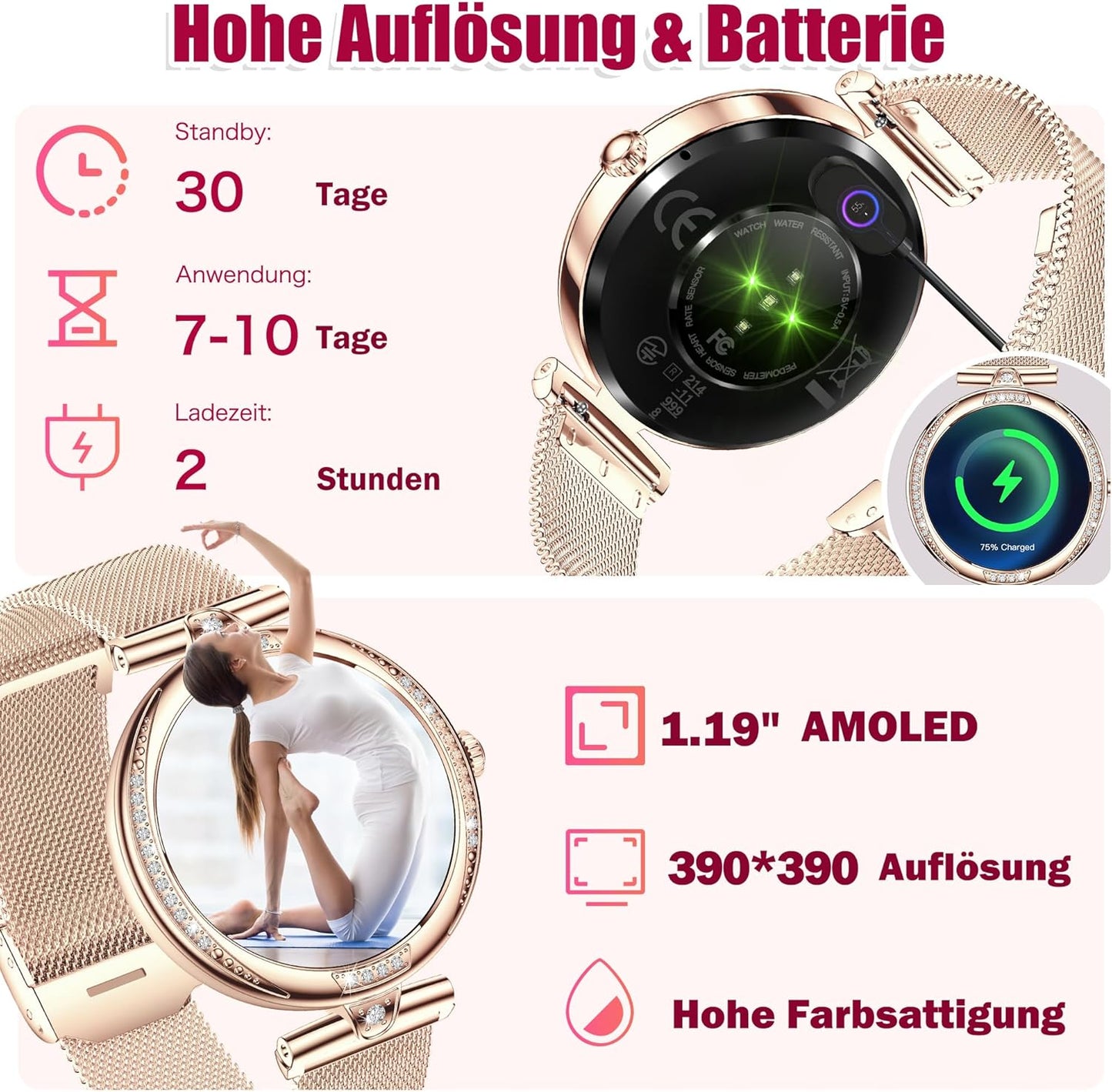 Smartwatch Damen mit Telefonfunktion 1.19" AMOLED Touchscreen IP68 Diamond Smart Watch mit Blutdruckmessung Pulsmesser Schlafmonitor SpO2 Menstruationszyklus für iOS Android (Rosegold)