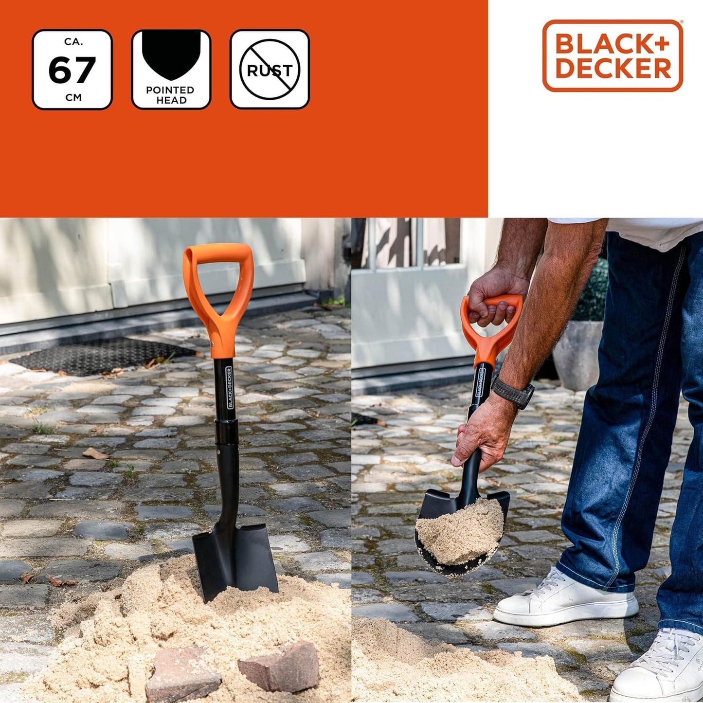 BLACK+DECKER Schaufel - 67 cm - 800 GR - Rostfrei - Kopf aus Karbonstahl und Stiel aus Glasfaser - Schwarz
