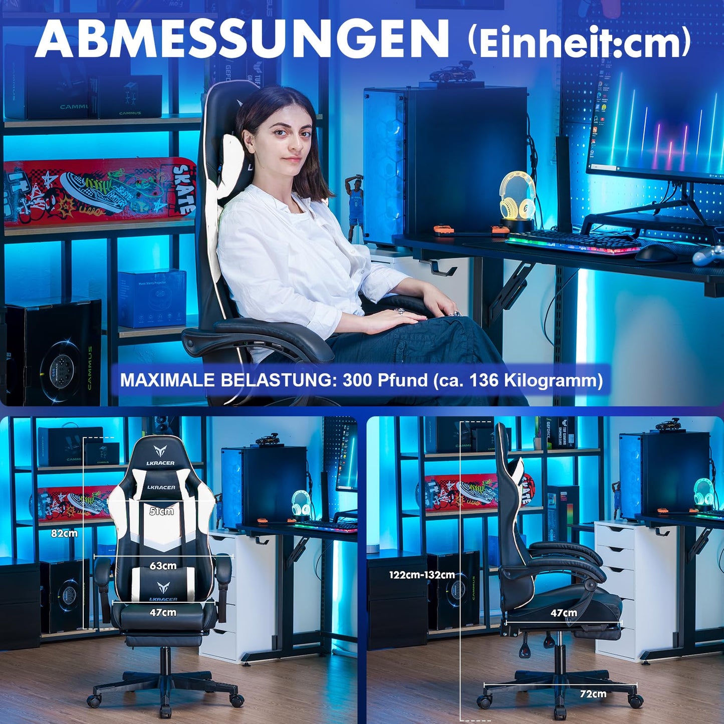 LUCKRACER Gaming Stuhl mit fußstütze Bürostuhl Ergonomisch mit verstellbare Lendenkissen, Kopfkissen Gaming Chair,Höhenverstellbarer Gamer Stuhl, 150 kg Belastbarkeit Grau