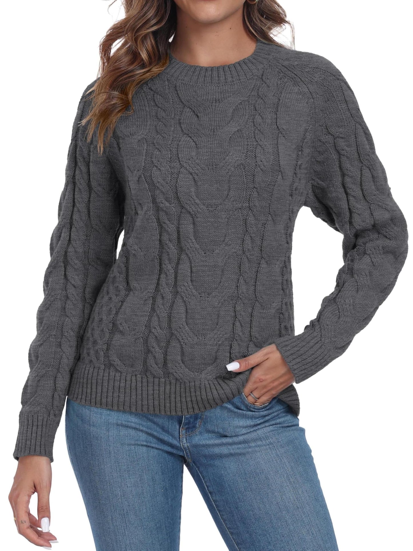 QIXING Women's Cable Knit Sweater – Elegant Long Sleeve Round Neck Winter Pullover