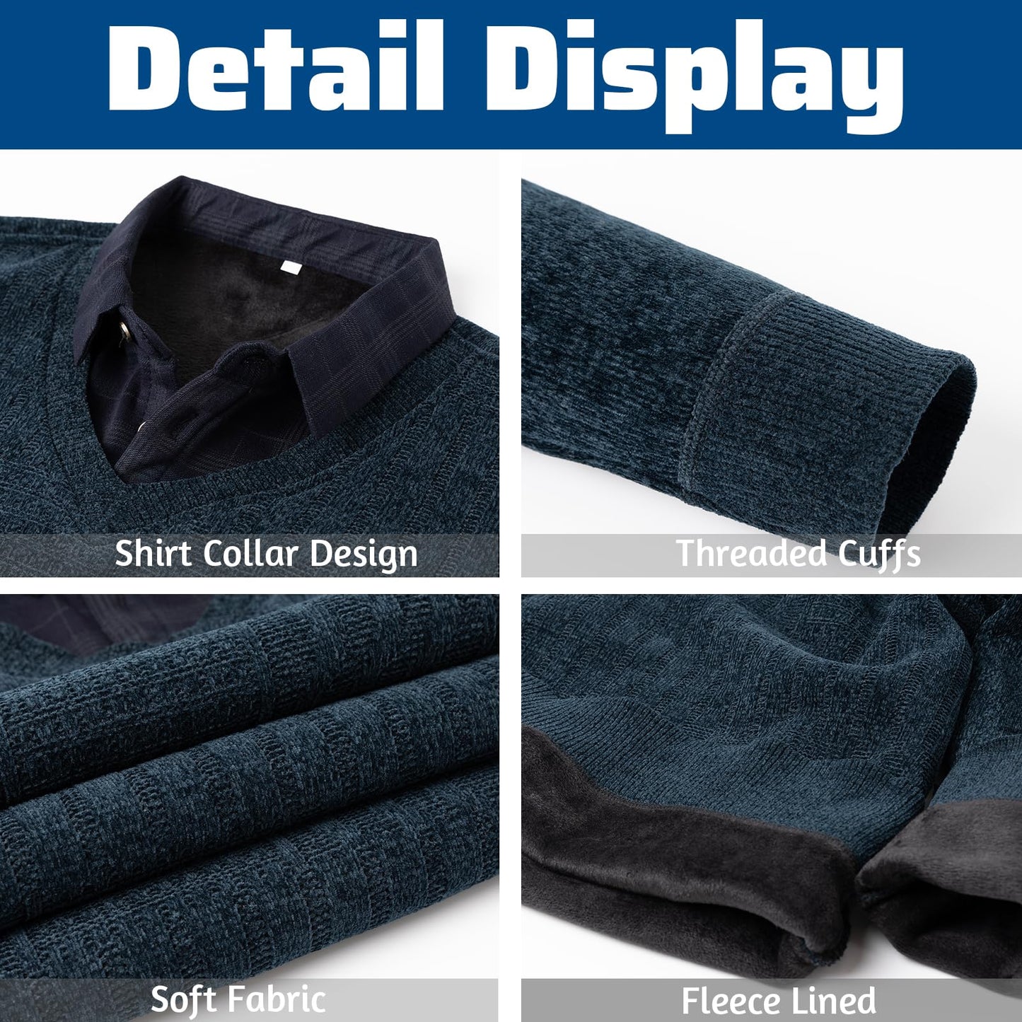 Men’s 2-in-1 V-Neck Sweater – Slim Fit Chenille Pullover with Mock Shirt Collar