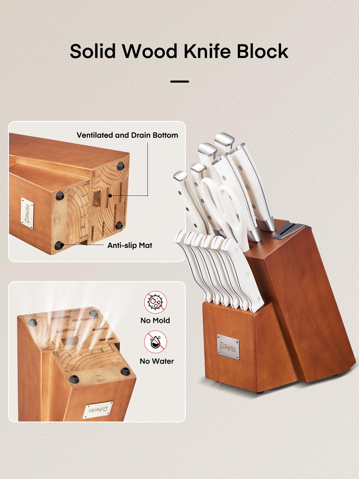 D.Perlla Messerblock Set, 14-TLG Selbstschärfender Messerblock, Scharf Edelstahl Messerset Set mit Kunststoff-Griff und Holzblock, Profi Küchenmesserset, Schwarz