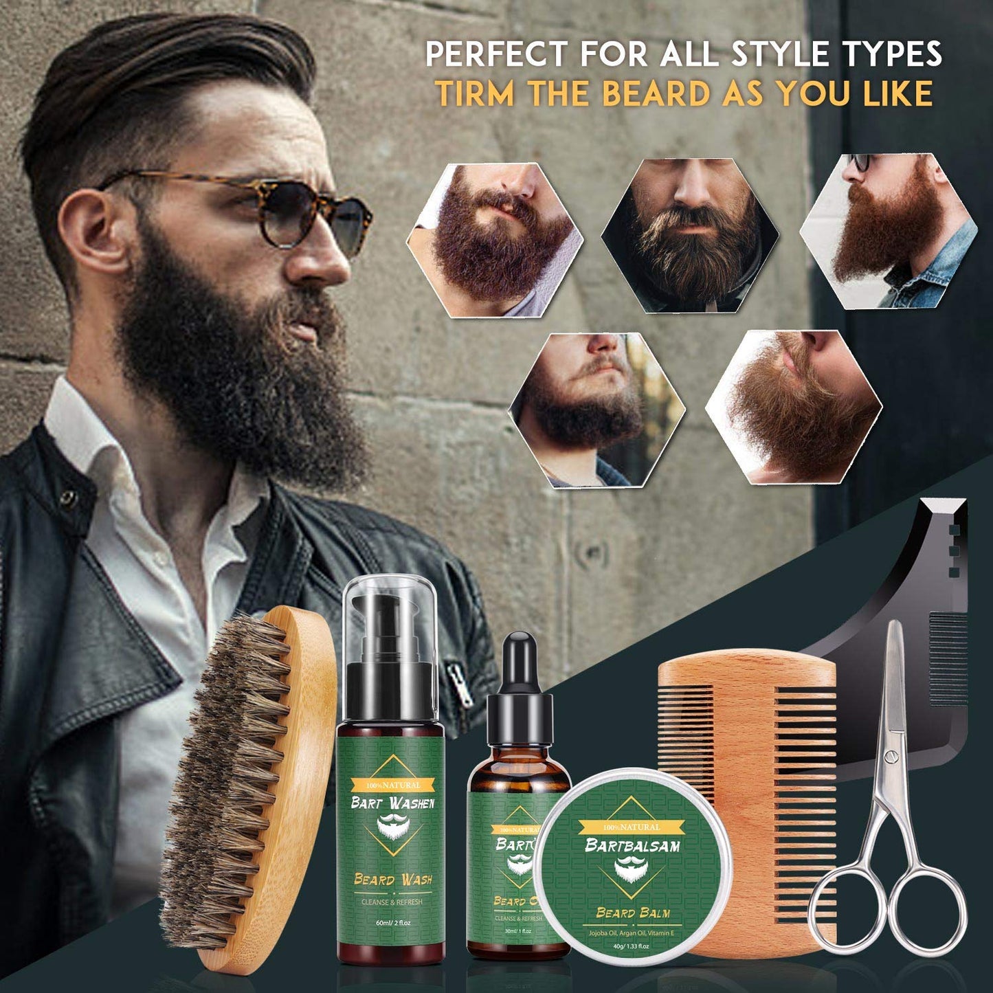 CUSMAY Bartpflege Set für Männer 9 Teilig,Geschenke Bart Set Herren mit Natürlich Bartshampoo,Bartöl,Bartbalsam,Bartkamm,Bartbürste,Bartschere, Männer Geschenkset für Vatertag Valentinstag Weih