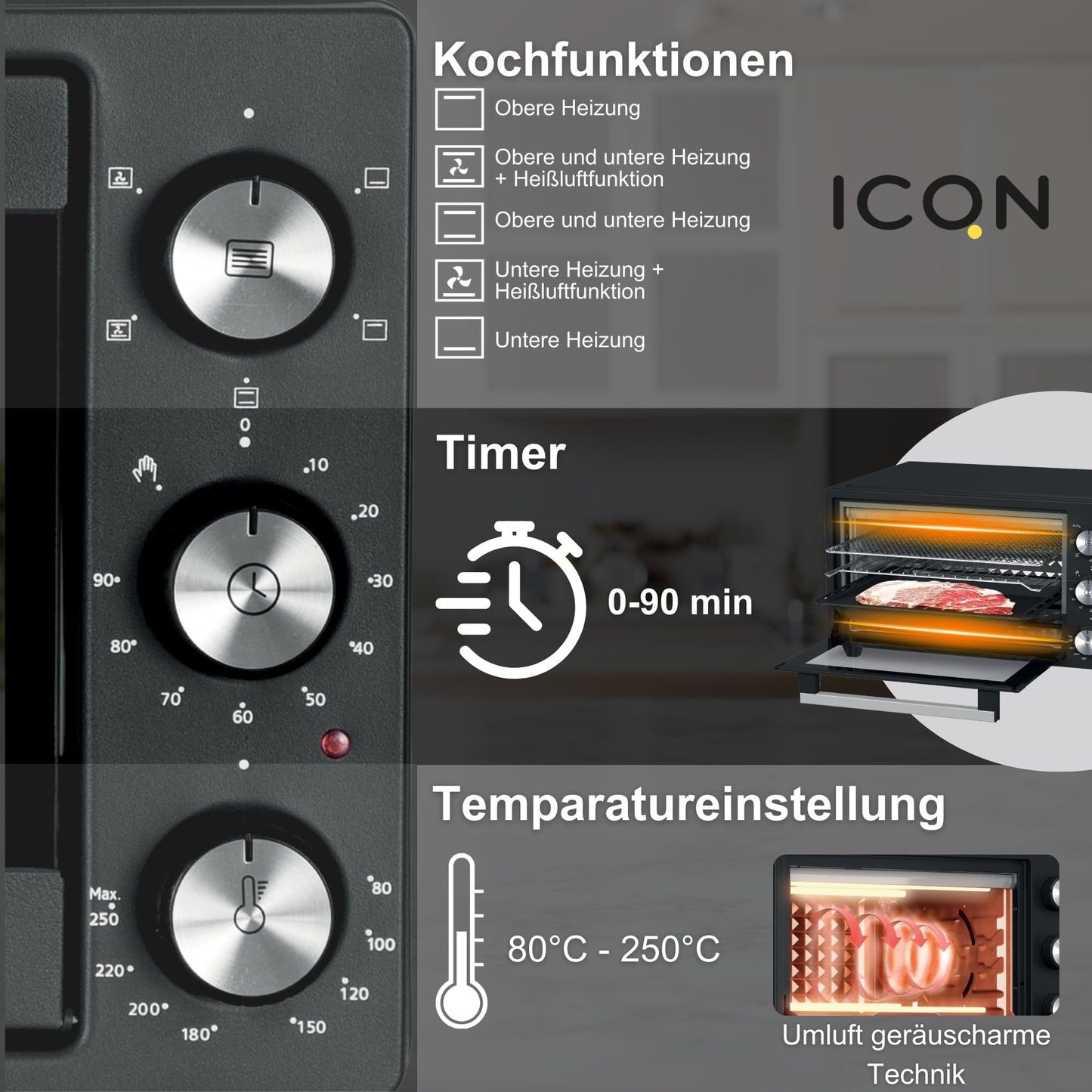 ICQN Kompakter Minibackofen 15 Liter, 1200W, 60 min-Timer, 3 Kochfuntionen, 90°-230°C, Kleiner Camping Ofen, Anthrazit, 2-Jahre Garantie