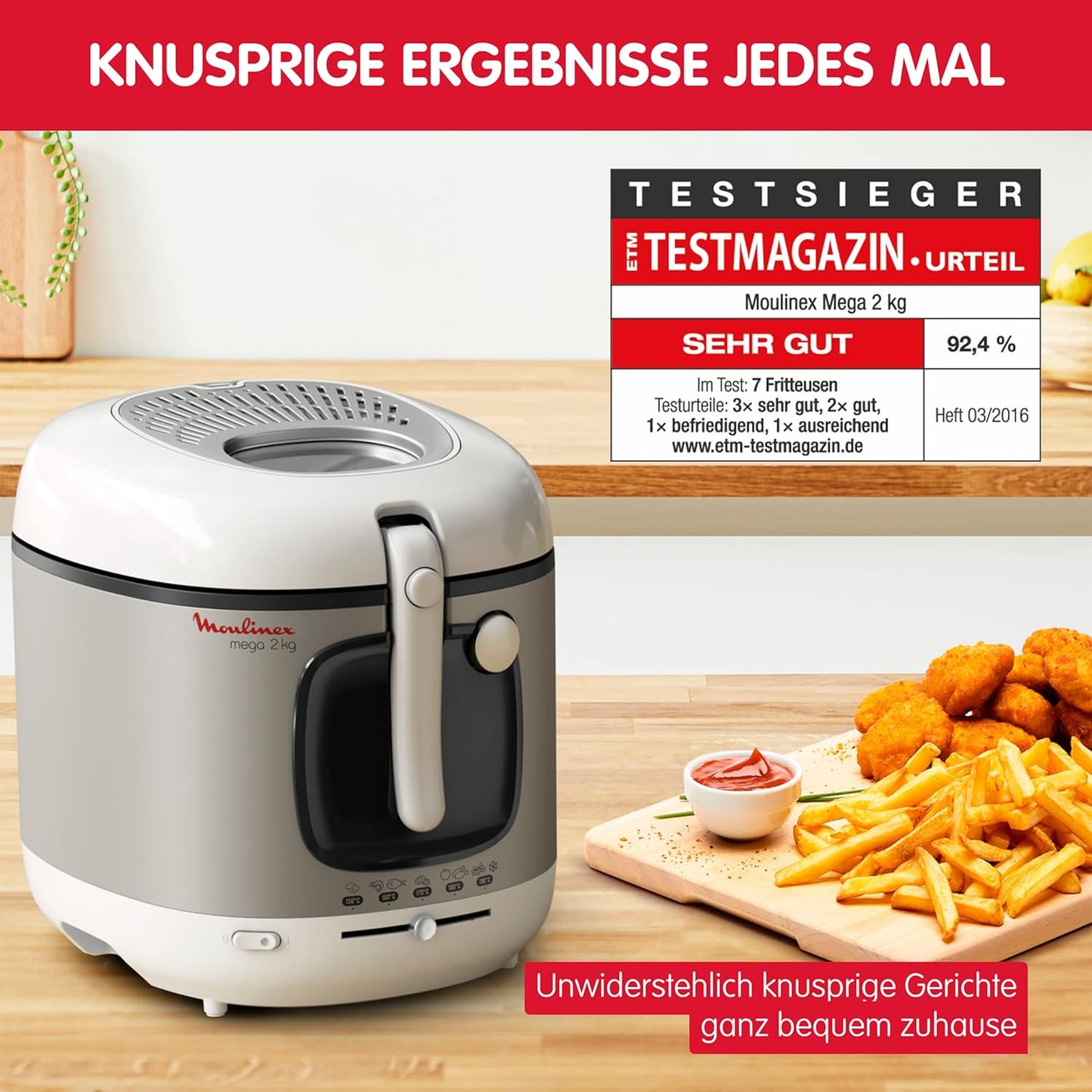Moulinex Mega 2kg Fritteuse, Fritteuse mit Öl, Anti-Geruchs-Filter, regelbare Temperatur, leichte Reinigung, knusprige Pommes, 1.800 Watt, für bis zu 8 Personen, weiß/silber, AM4800