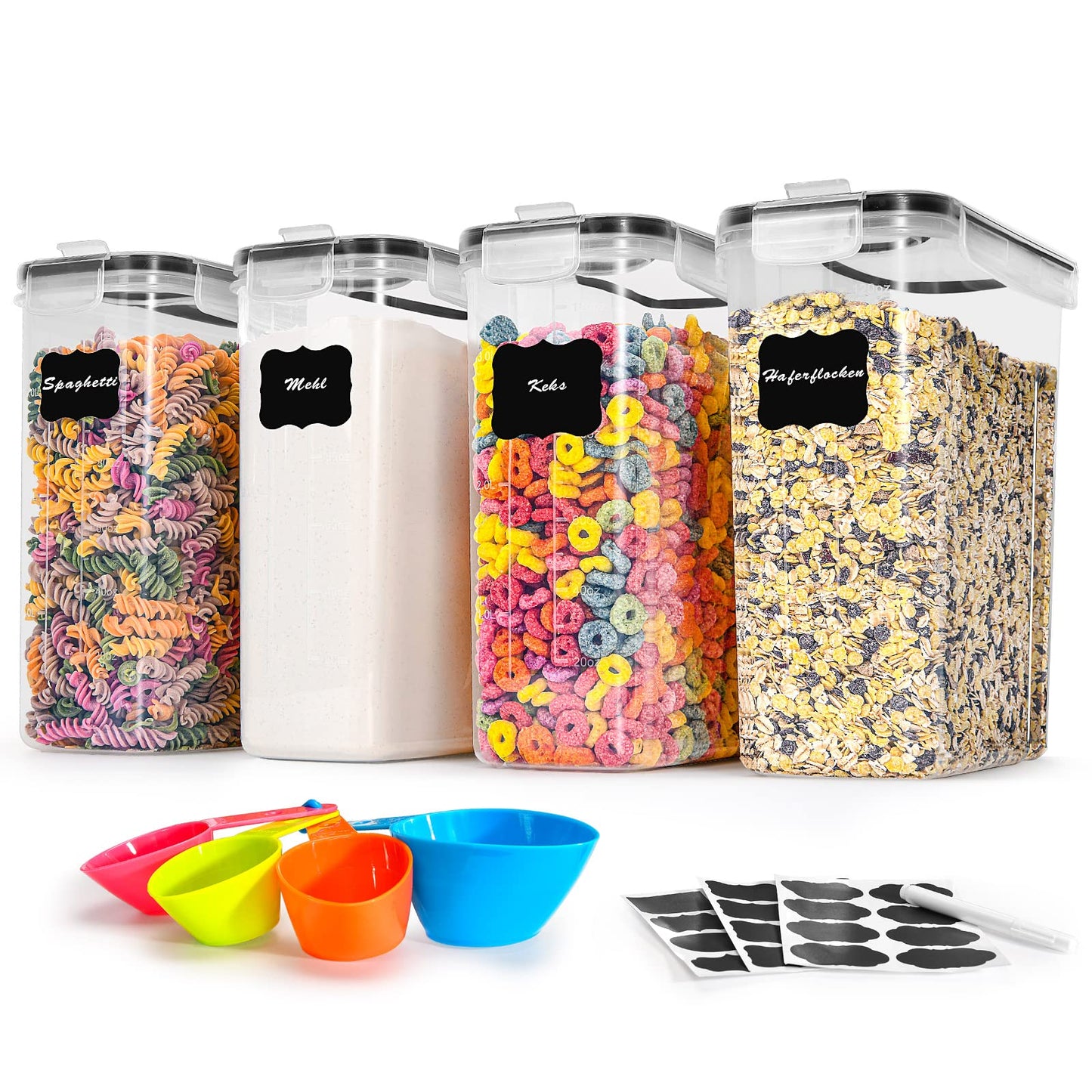 Storage Jars with Lid, Airtight, Large, 4 L, Set of 4, BPA-Free, Storage Box, Kitchen, Moth-Proof Kitchen Organiser, Flour, Spaghetti Cornflakes, Cereal Storage, Storage Container with Labels