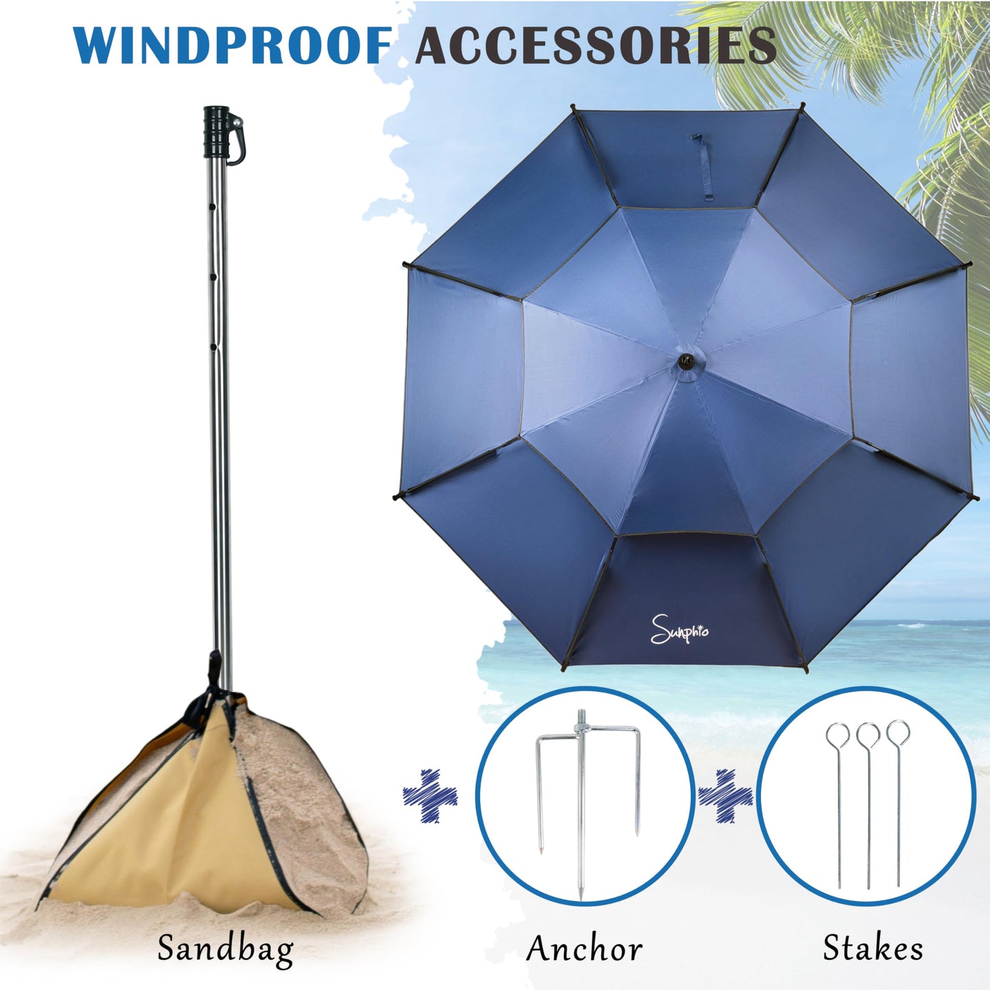 Sunphio Sonnenschirm Strand 220 cm, Windfest Stabil, Strandschirm Groß Klein, Leicht für Reise, UV Schutz 50, Beach Sonnenschutz Tragbar mit Erdspieß