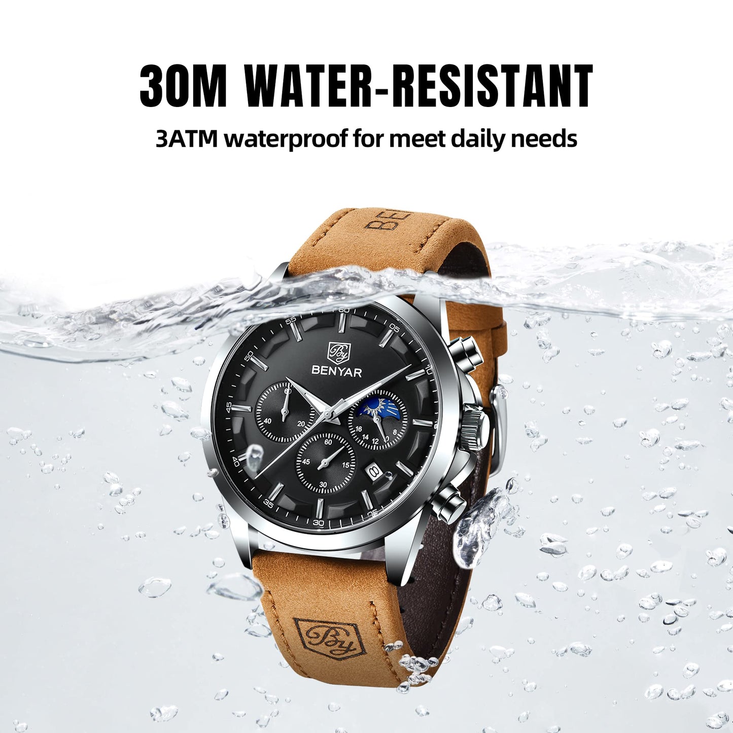 BY BENYAR Uhren Herren Chronograph Analog Quarz Wasserdicht Armbanduhr Herren Mode Lässig Business Herrenuhr mit Kalender Lederarmband/Edelstahlarmband Uhr Geschenk für Männer