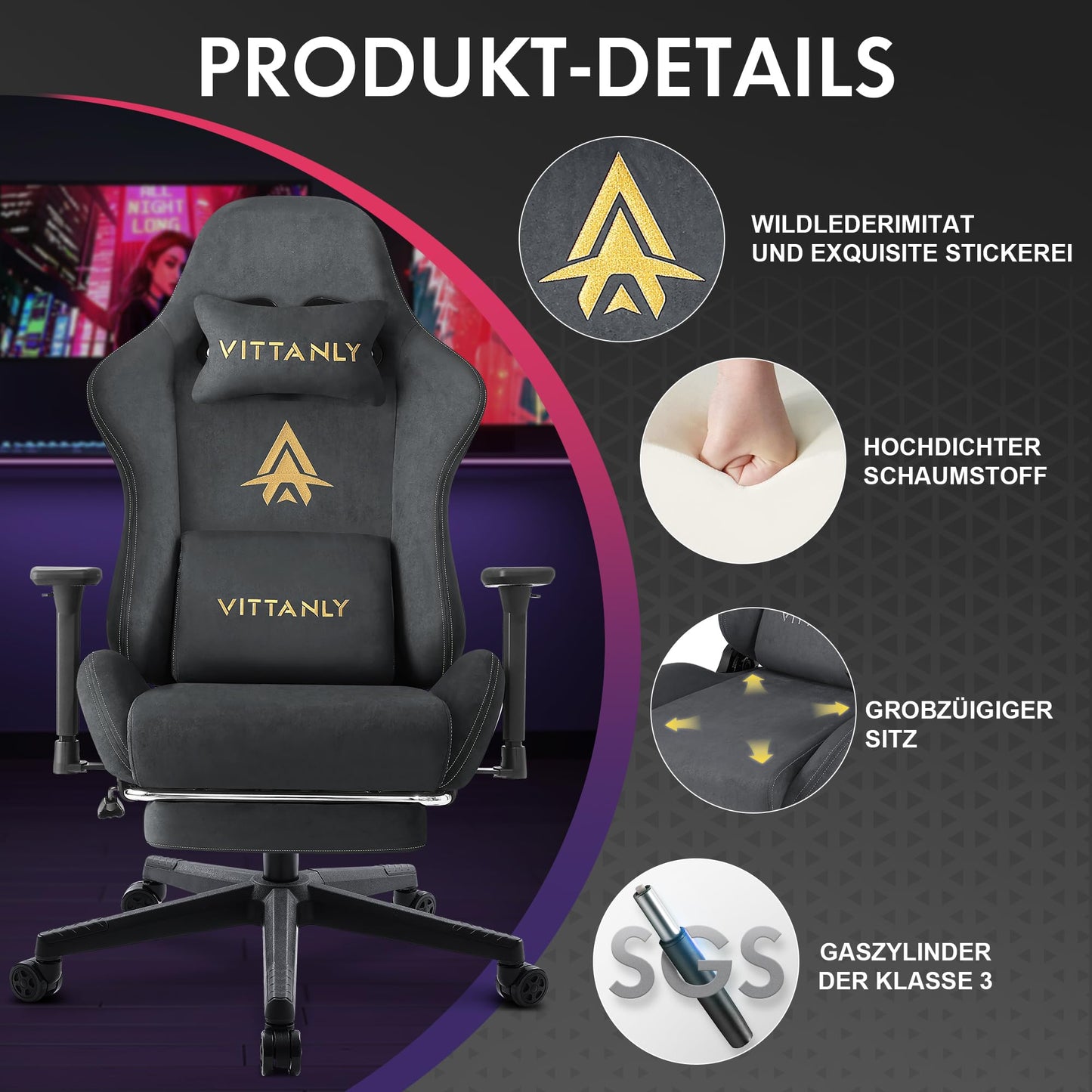 Vittanly Gaming Chair, Luxurious Breathable Imitation Suede Office Chair Gaming Chair, Ergonomic Gamer Chair with Footrest Headrest and Lumbar Cushion, 3D Armrests, 90-155° Backrest, Gray