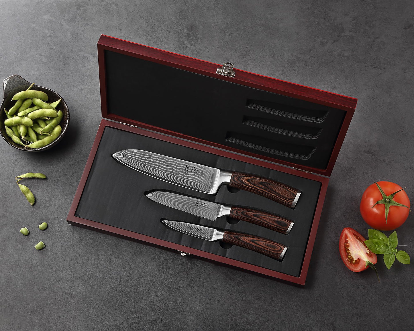 Wakoli EDIB 3er Damastmesser Set mit 8-17cm Klingen gefertigt aus 67 Lagen echtem Damaststahl mit Pakkaholzgriff in Holzbox I Premium Messerset Damast & Profi Küchenmesser