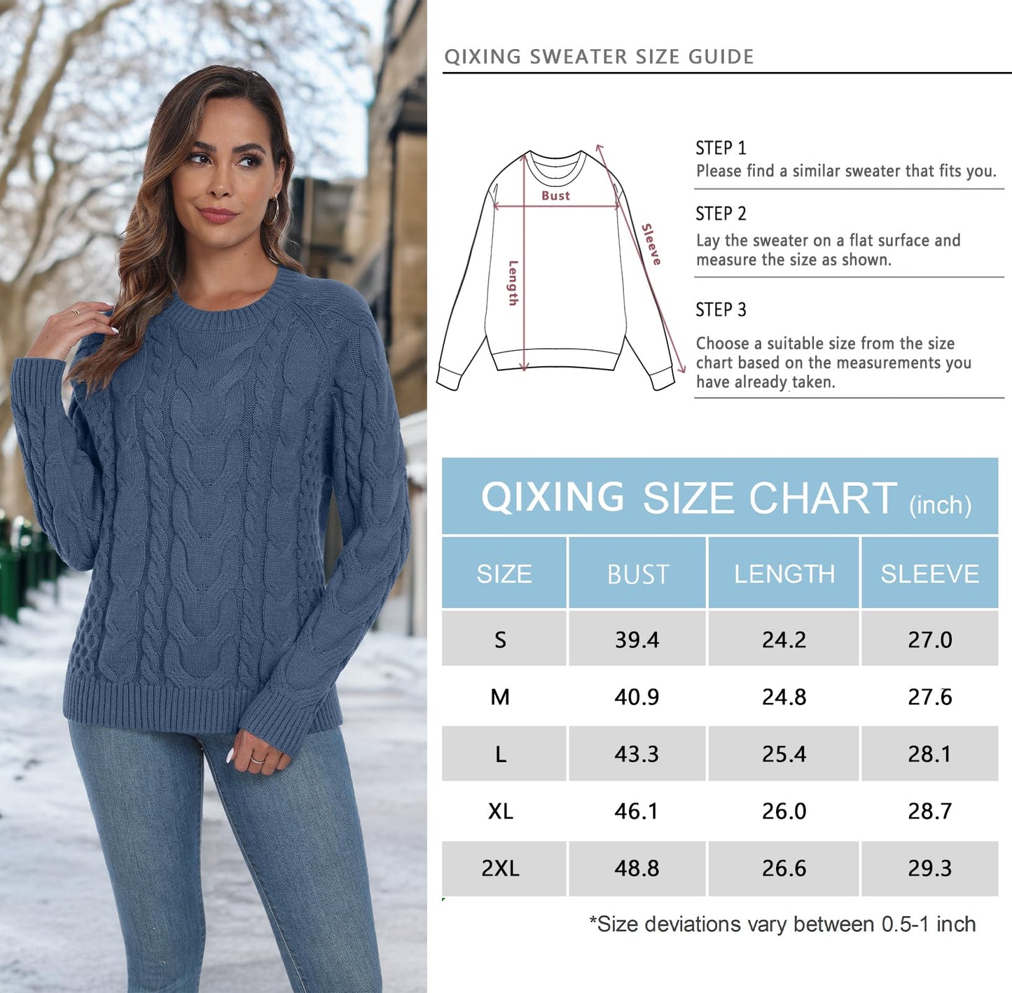 QIXING Women's Cable Knit Sweater – Elegant Long Sleeve Round Neck Winter Pullover