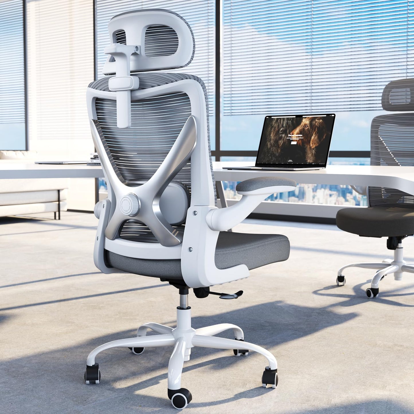 TRALT Ergonomischer Bürostuhl - X-förmiger bequemer Computer-Bürostuhl, Gaming-Stuhl, Bürostuhl mit Lendenwirbelstütze, Netz-Bürostuhl mit Kopfstütze (Grau-Silber)