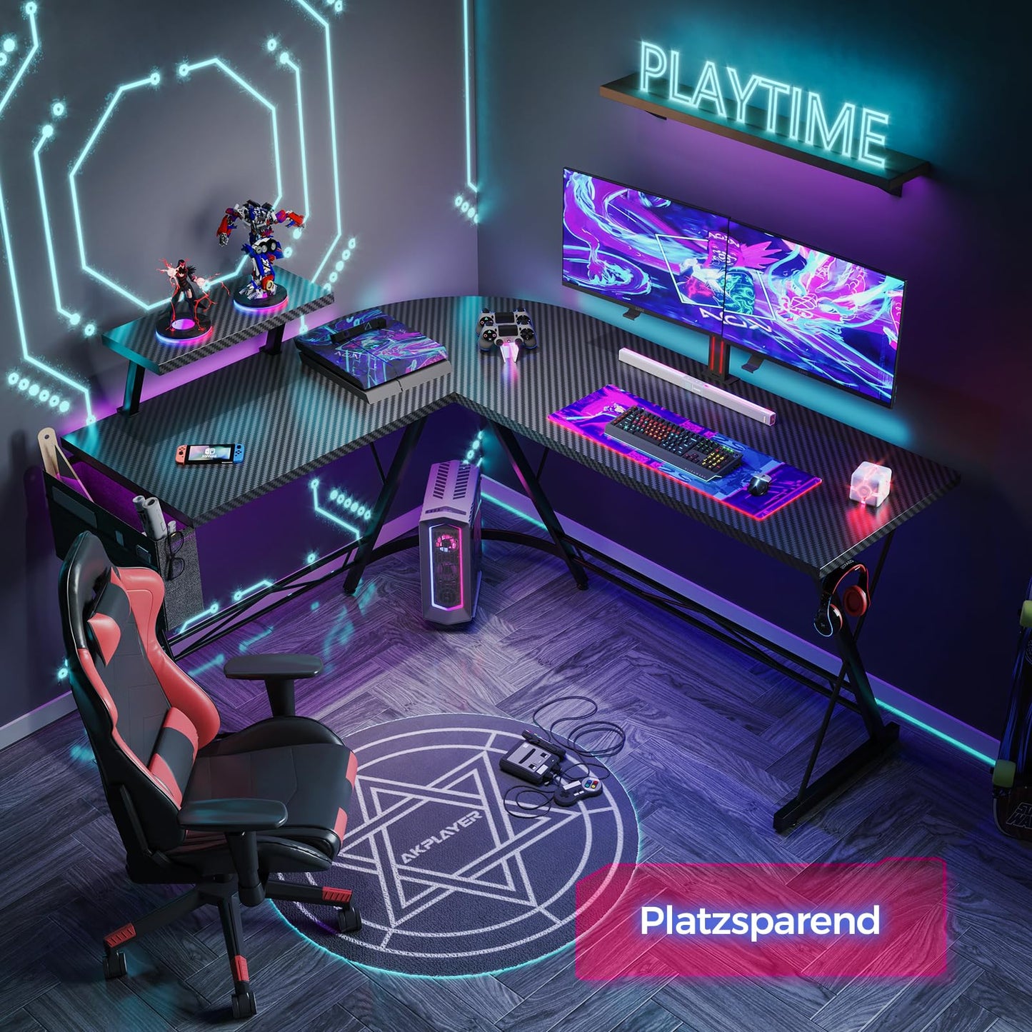 ODK Gaming Tisch, Gaming Schreibtisch Eckschreibtisch für Gamer, Schreibtisch L Form mit Monitorständer für Büro (Schwarz, 127 x 127 cm)