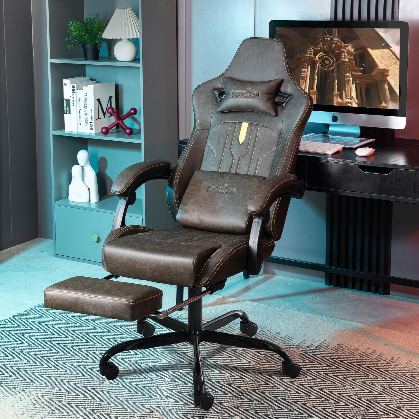 SUKIDA Gaming Stuhl Computerstuhl Ergonomischer Gaming Chair mit Fußstütze Bürostuhl Ergonomischer Computerstuhl mit Lendenwirbelstütze Schwarz