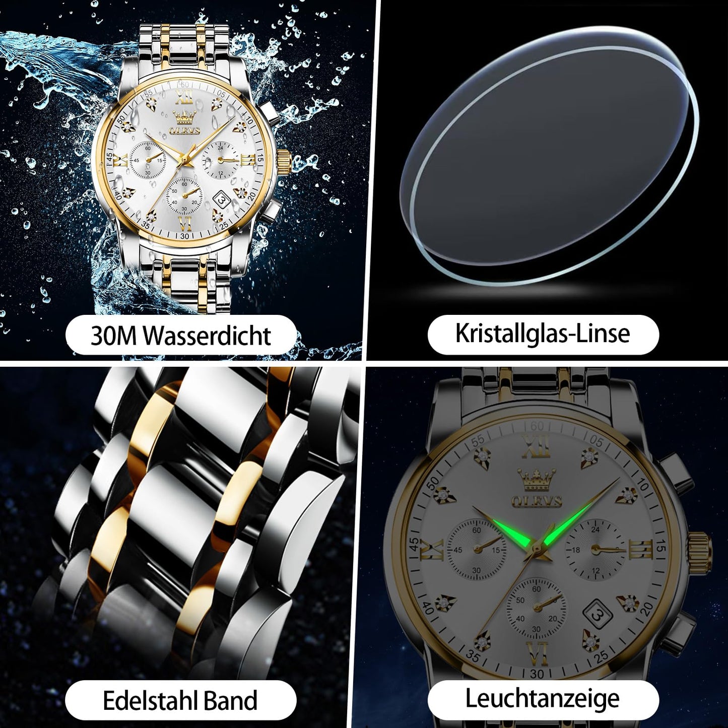 OLEVS Uhren Herren, Edelstahl Analoger Quarzuhr, Multifunktionale Diamanten Herrenuhren, Klassisches Luxuskleid Herrenuhr